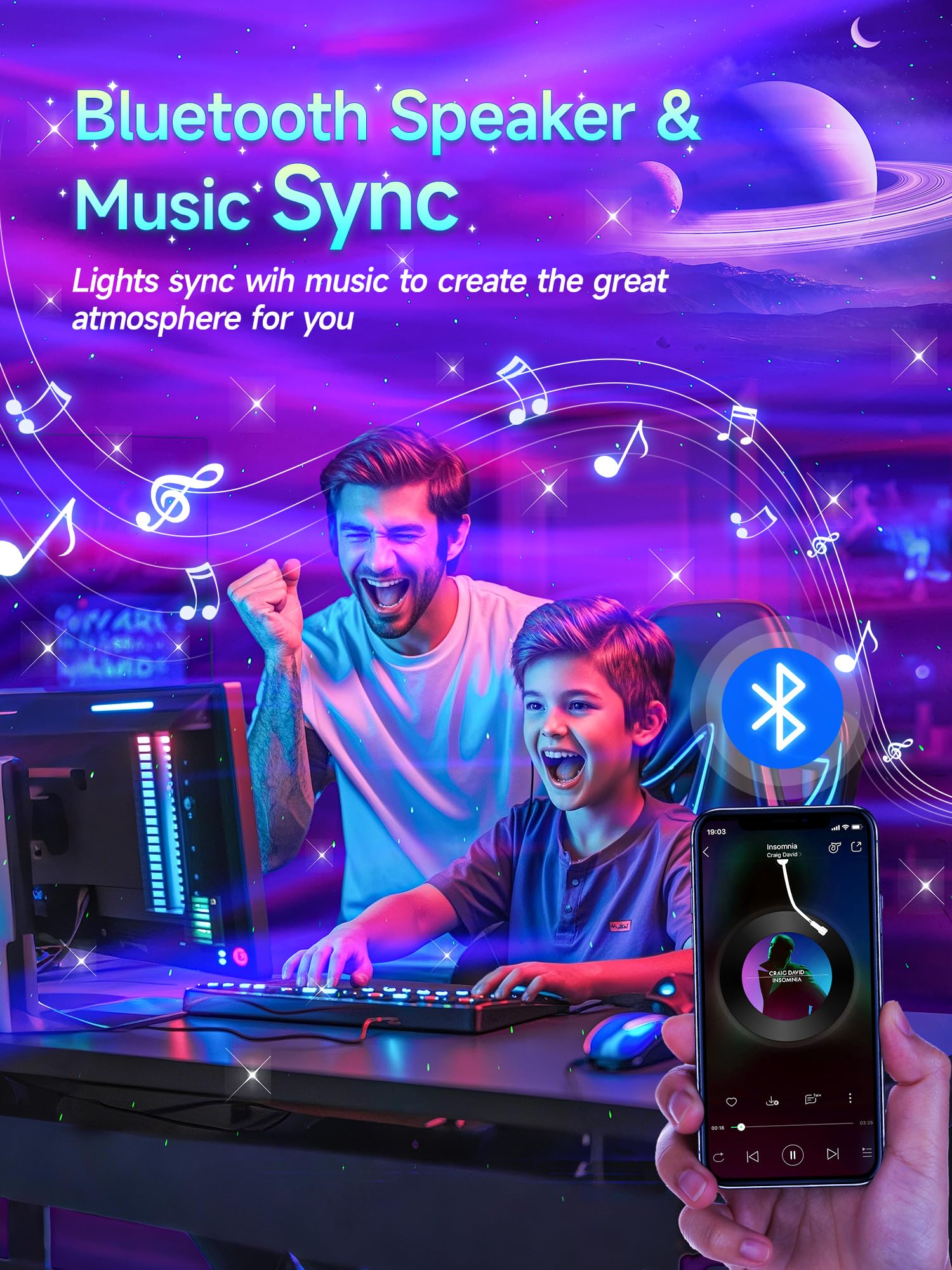 COOLNIGHT Galaxy Projector - 180 Light Modes, Bluetooth, Remote Control, Black Night Light for Kids & Bedroom Decor