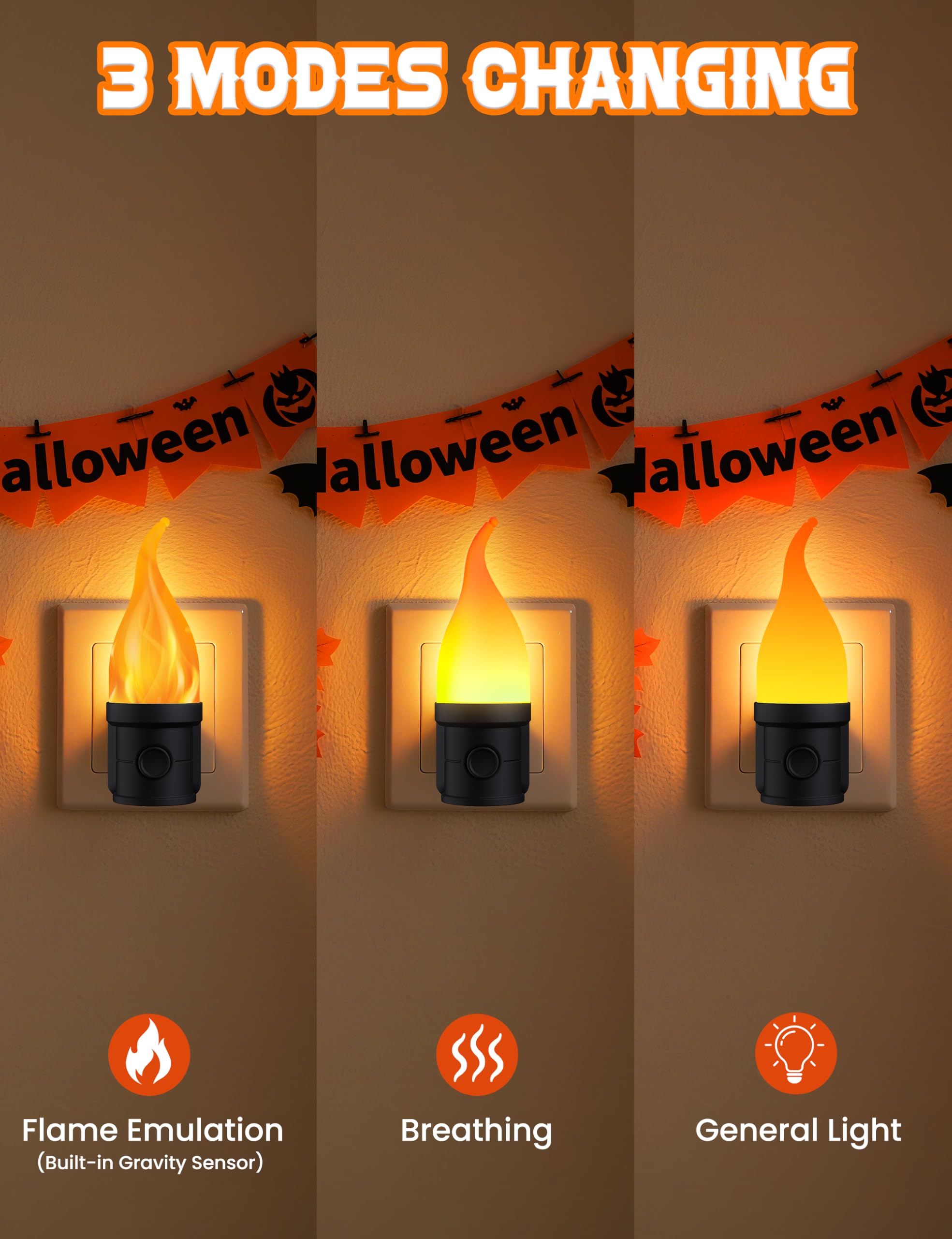 Halloween Night Lights, 3 Modes Candle Night Light Plug in with Dusk to Dawn Sensor, Flickering Flame Night Light for Party Deco