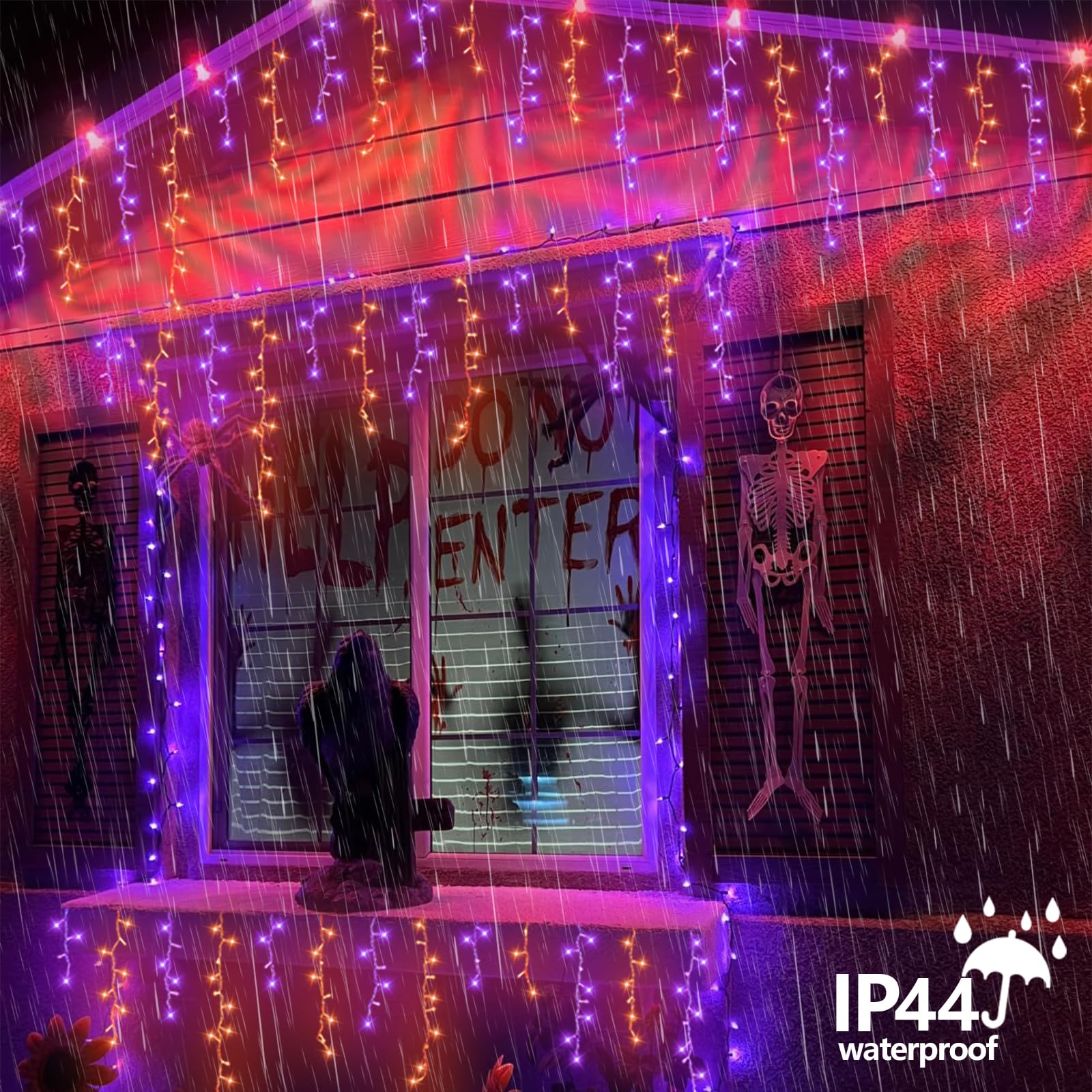 YEGUO 66ft Icicle Halloween Lights, 800 LED, Orange and Purple, 8 Modes, Connectable, PVC Material