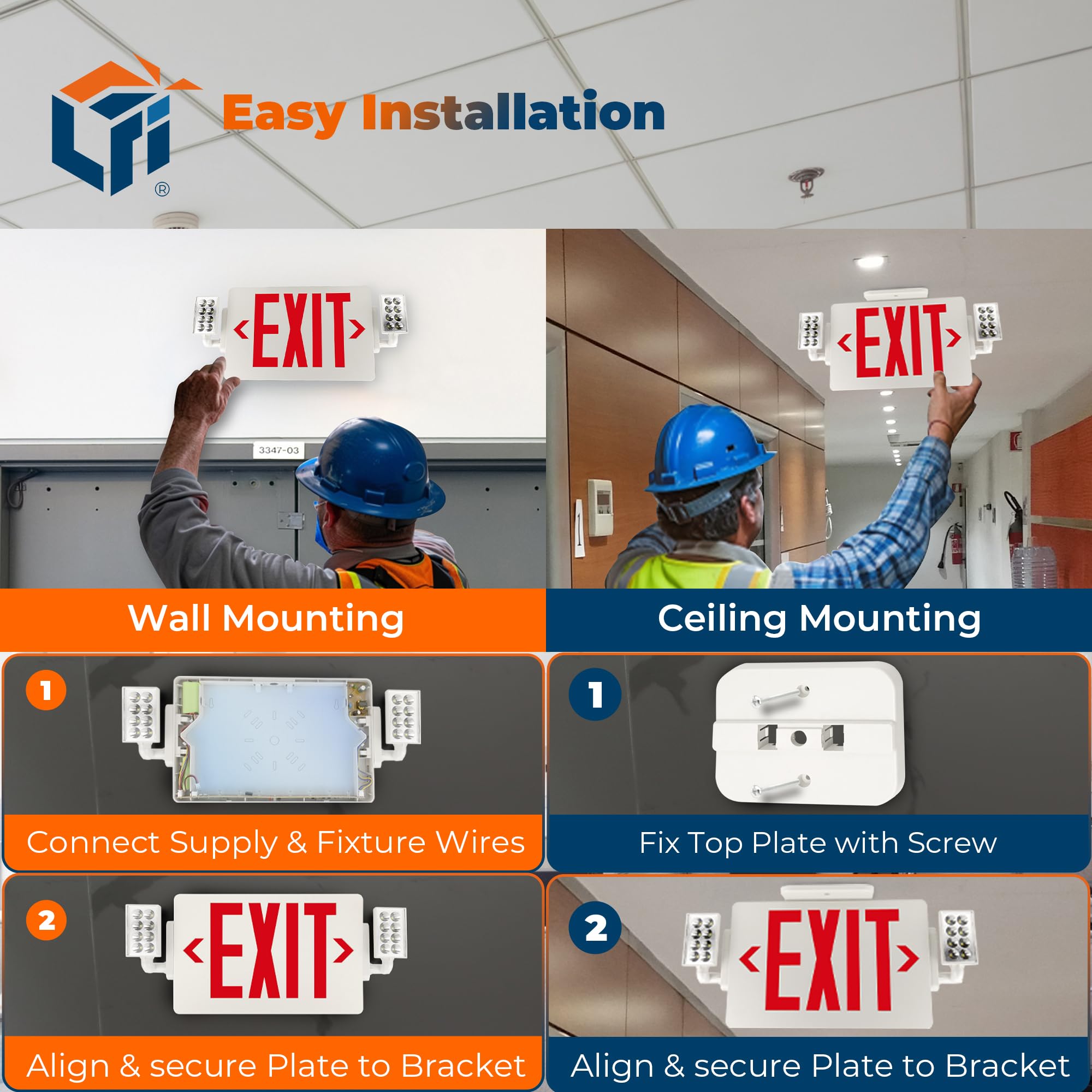 Lfi Lights | Thin Combo Red Exit Sign With Emergency Lights | White Housing | All Led | Two Adjustable Heads | Hardwired With Battery Backup | Ul Listed | (1 Pack) | Combot-R