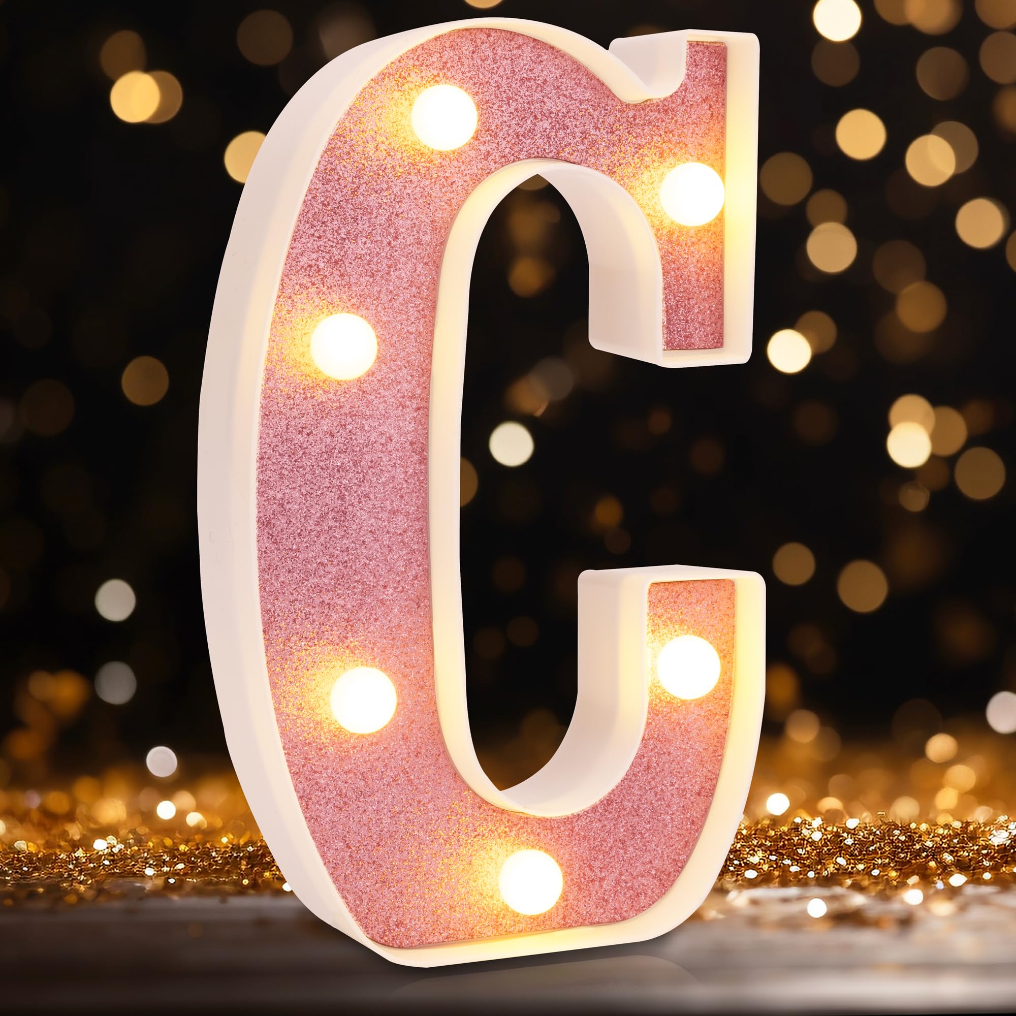 DyingSwan Small LED Marquee Letter C, 8.58 Inch Lighted Sign, Pink Glitter, Battery Powered Decor for Parties and Events