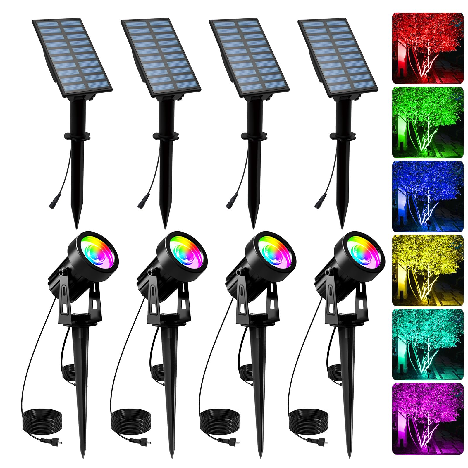 T-SUNUS Color Changing Solar Landscape Spotlights 4 Pack, IP65 Waterproof RGB Spot Lights 9.8ft Cable, Separated Panel Garden Li