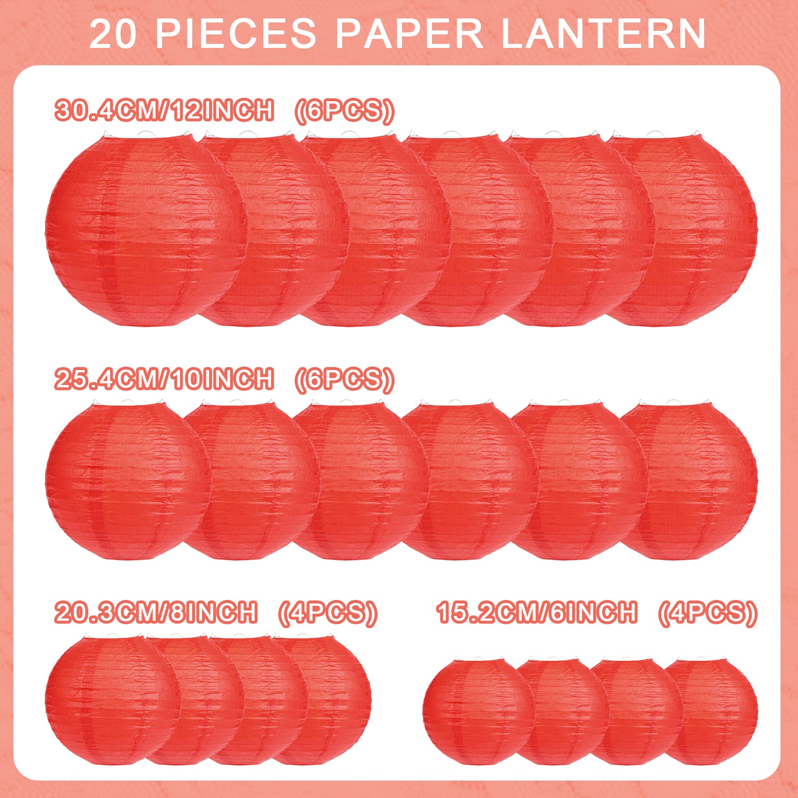 LIHAO 20 Pcs Red Paper Lanterns - Decorative Round Lanterns for New Year, Birthday, Xmas, Wedding - 4 Sizes, Metal, AMZ-GB359