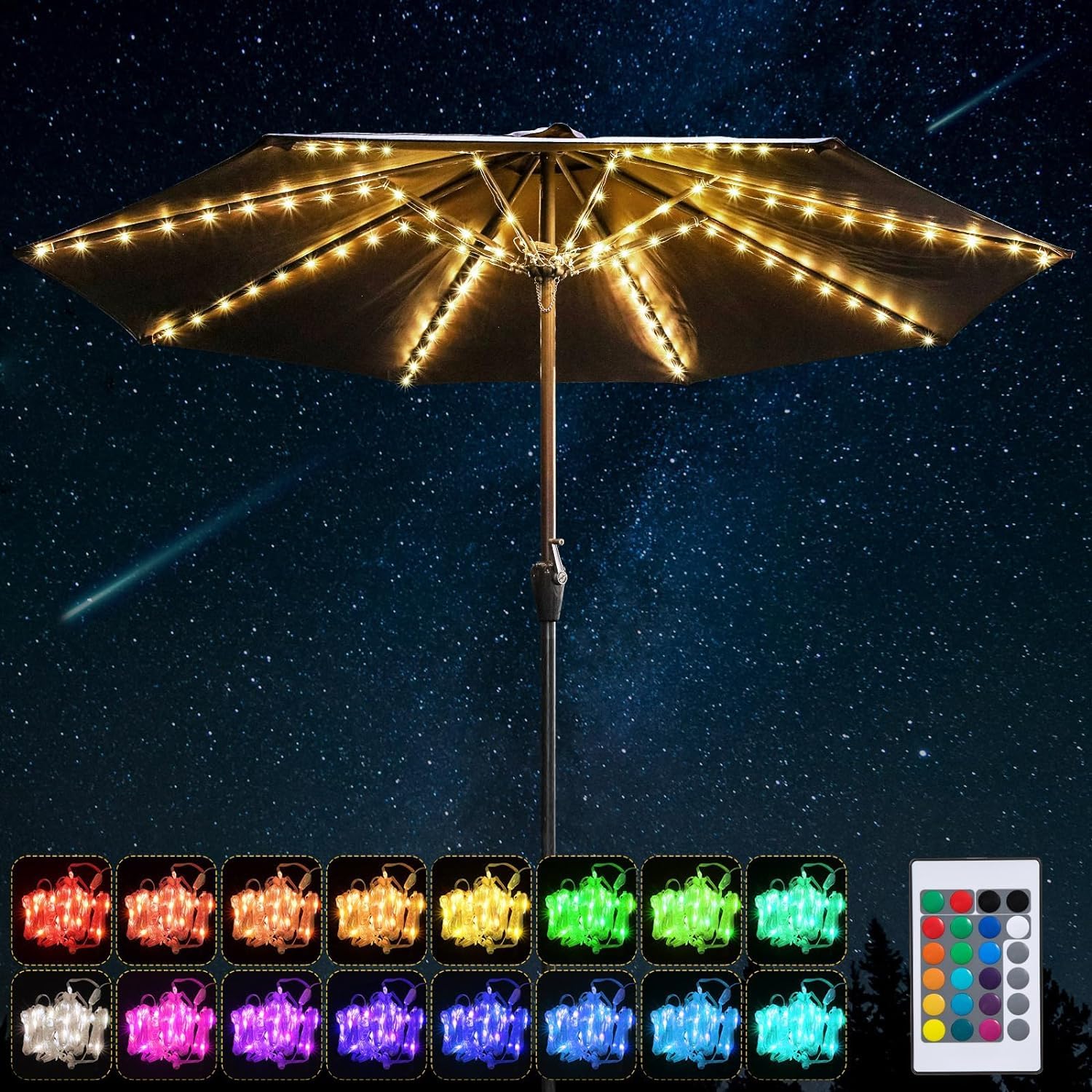 Frienda Patio Umbrella String Lights, 104 LEDs, 16 Colors, 4 Modes, USB Battery Operated, Waterproof, Model Frienda-Umbrella String Lights-02