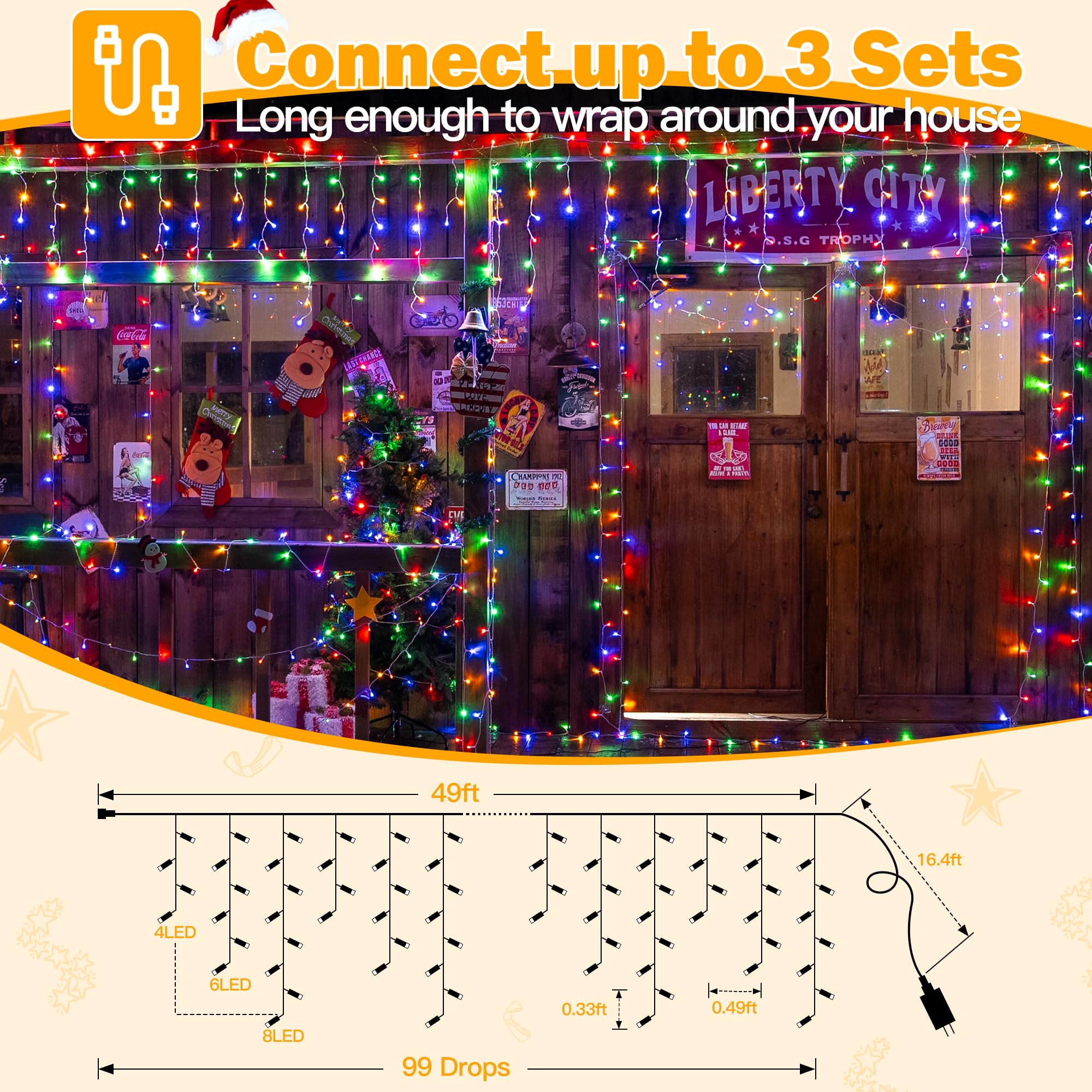 Ollny Icicle Lights Outdoor 594 Led Multicolor Christmas Lights With Remote, Waterproof, 49Ft, 8 Modes, Model Hg-29V596Bc