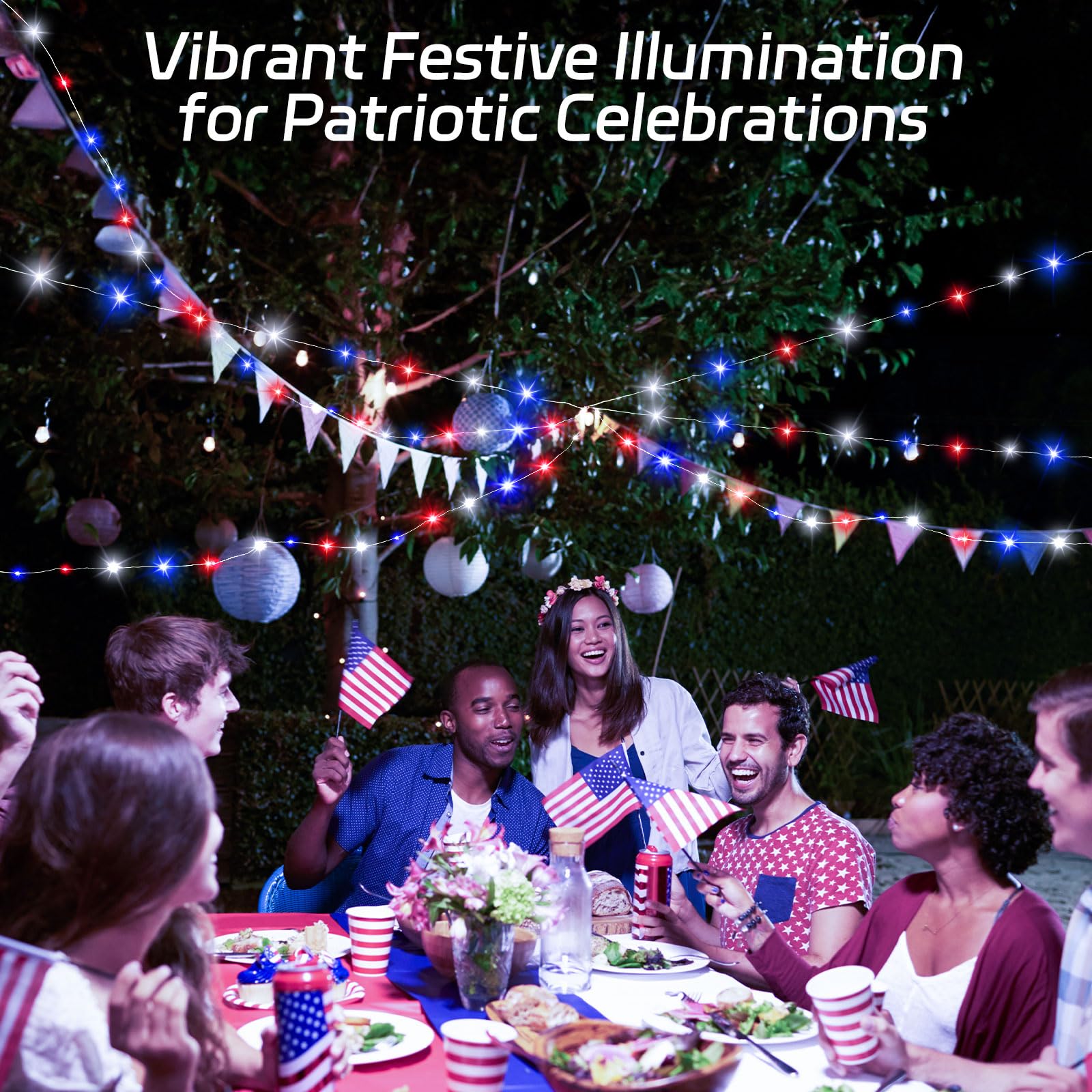 cshare Solar Fairy Lights, 39.4ft 120LED Waterproof, Red White Blue, 8 Modes, Model CS-SL-5M for Memorial Day Decorations