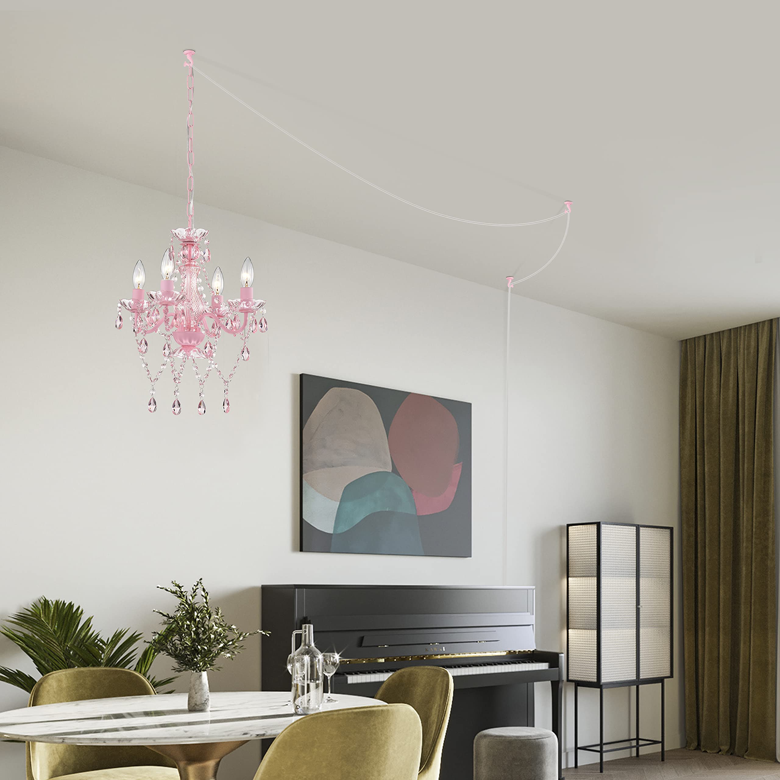 Alighting Pink Plug-In Chandelier, Small Crystal 4-Light Lighting For Girls' Bedroom
