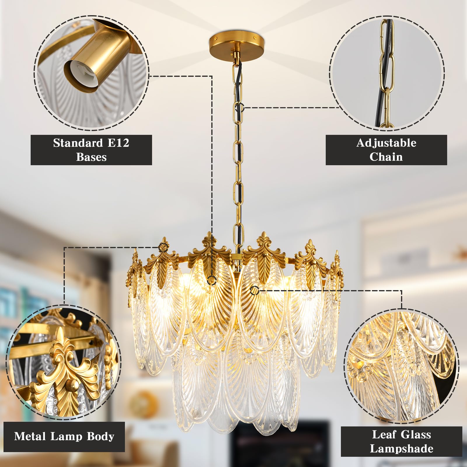 KELUOLY Antique 2-Layer Crystal Glass Chandelier, 4-Lights Round Pendant, 17.7" Brushed Brass Gold, Adjustable Height, Ideal for Home Decor