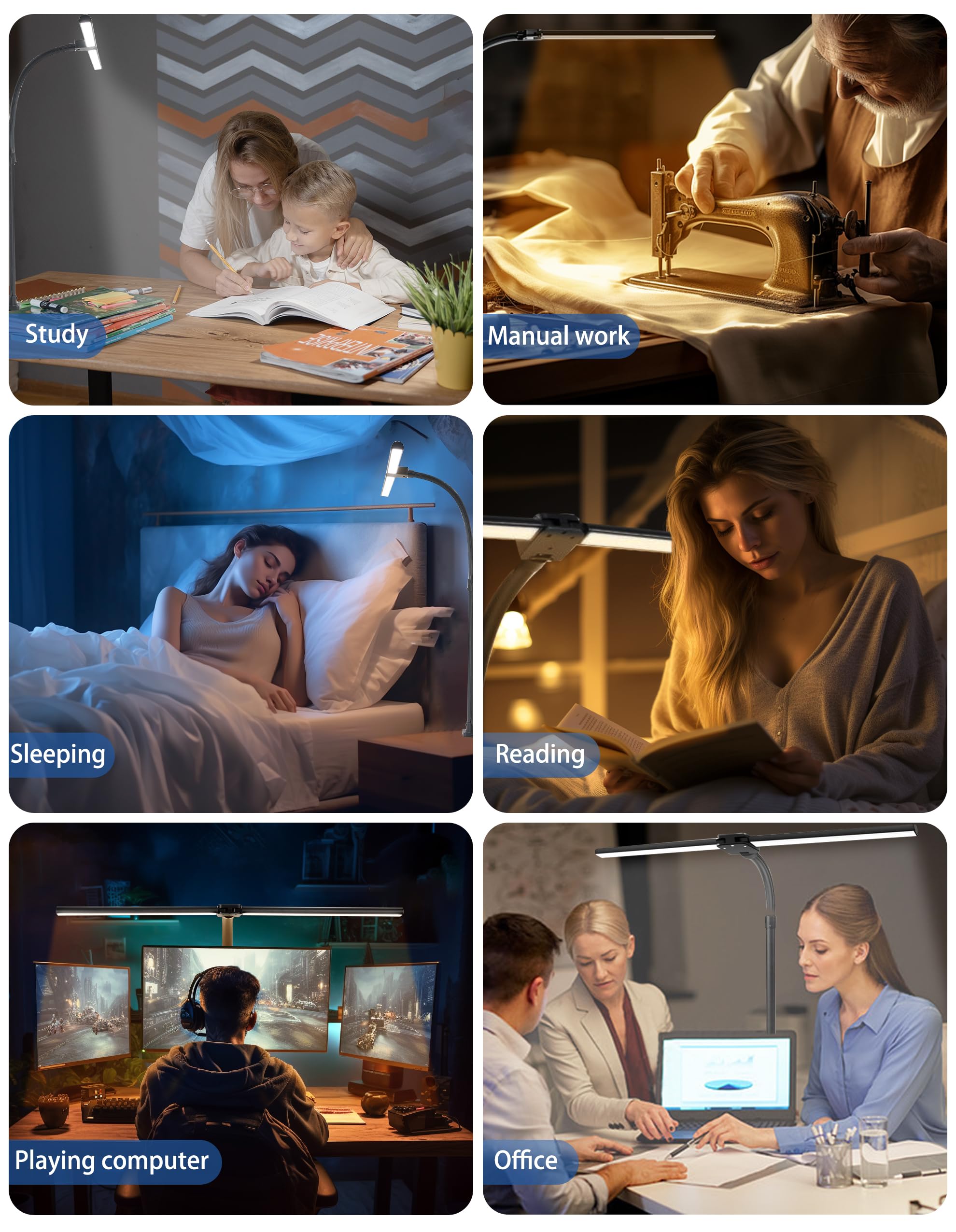 LED Desk Lamp for Home Office, Double Head Flexible Gooseneck with Clamp & Base, 24W High Brightness Eye-Car ing, 25 Modes & Rem