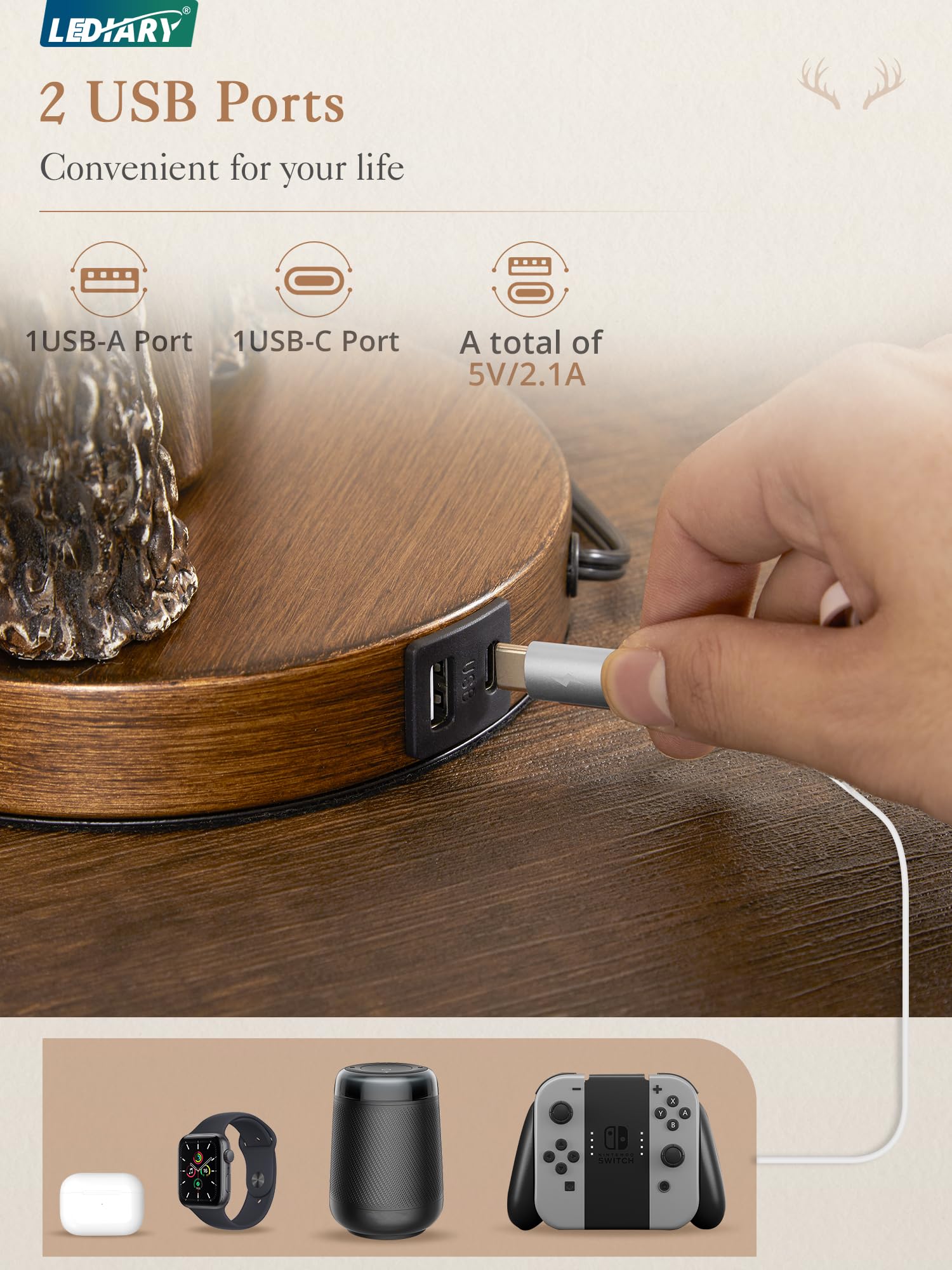 LEDIARY 23.8 Antler Table Lamps Set of 2 with Nightlight, 2 USB Ports Rustic Western Lamp with Deer Linen Fabric Shade, Cabin De