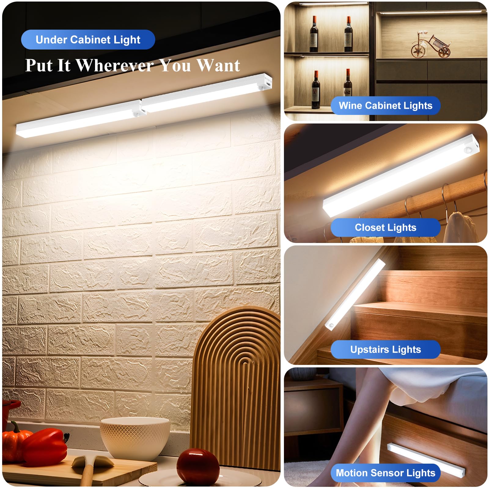 XSINOLI Under Cabinet Lights - Motion Sensor, Battery Operated, Magnetic, 9.2 inch, White Light - 4 Pack
