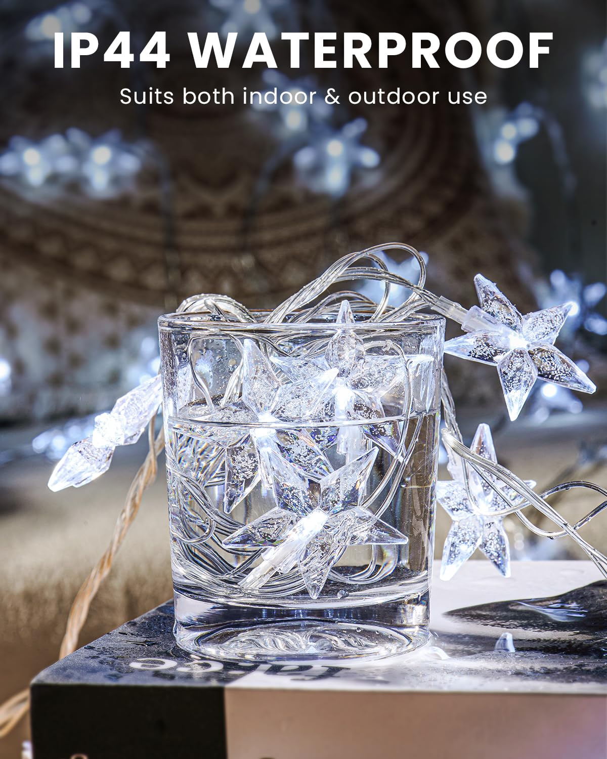 JOLYMOLY Star String Lights 100 LED Cool White 59ft Plug-in with Remote Timer, 8 Modes, Model FX-SL002 for Indoor Outdoor Decor