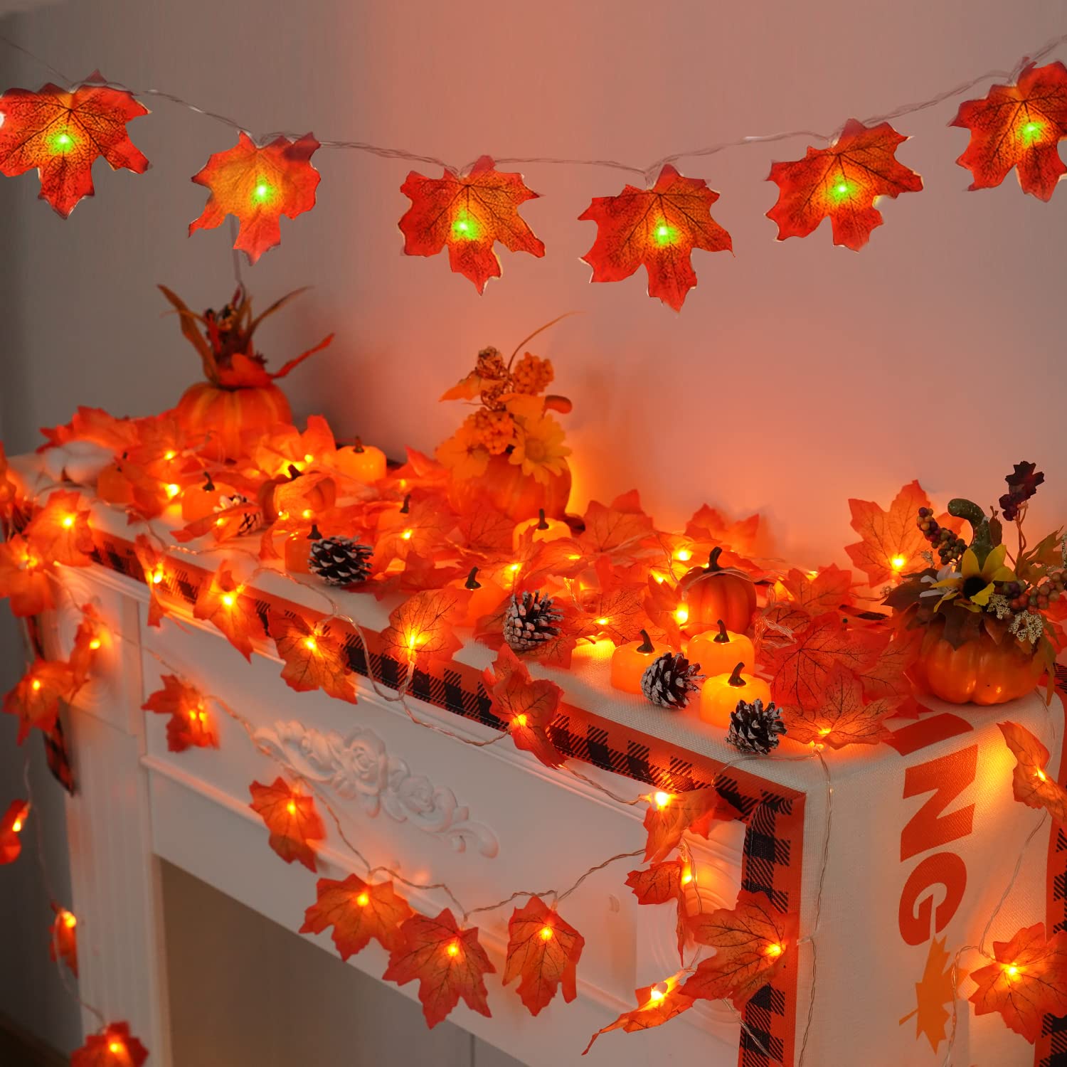 YEGUO Thanksgiving Decorations - 2 Pack, 20ft 40 LED Lighted Fall Garland, Orange Maple Leaves, Battery Operated