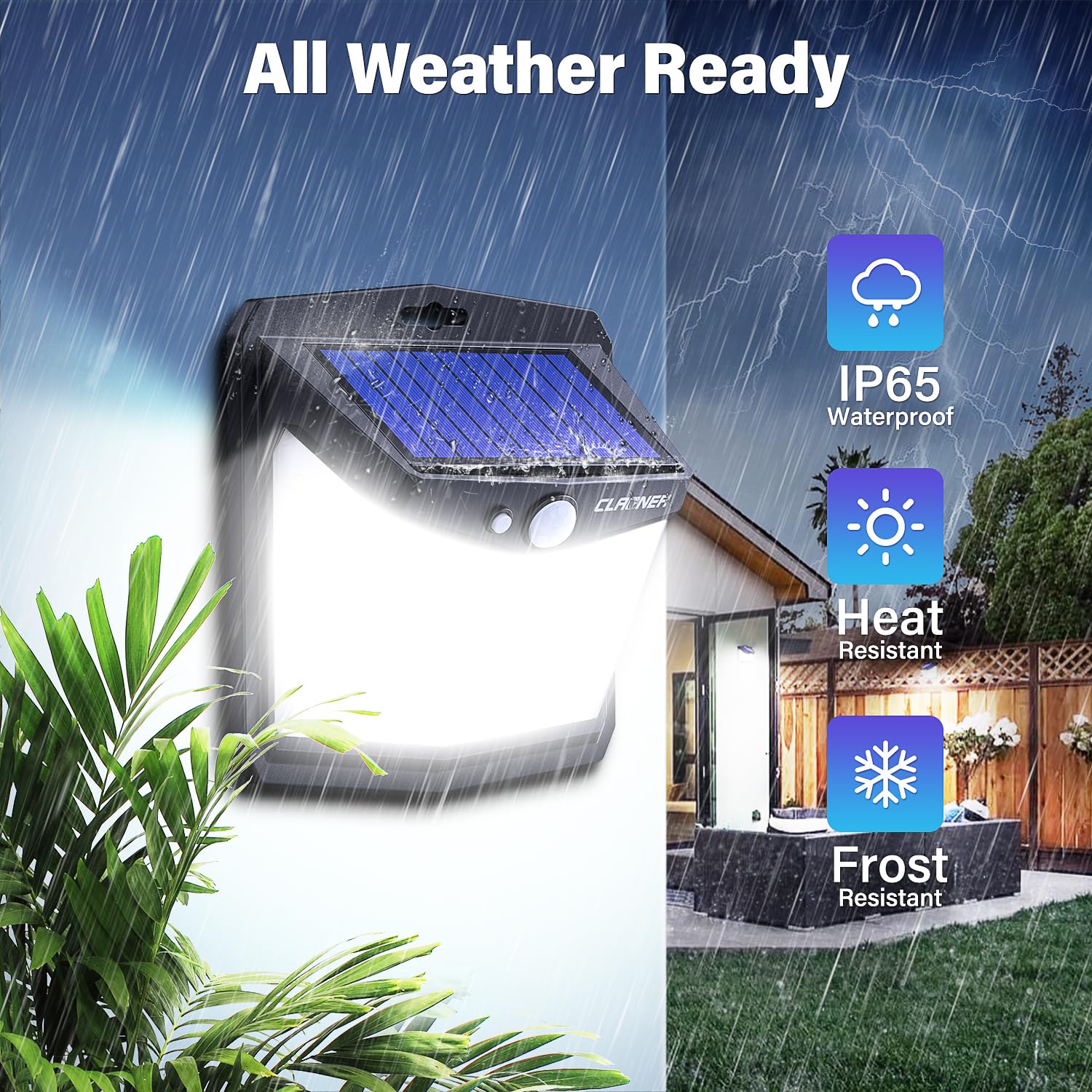 CLAONER Solar Motion Lights, 128 LED, 3 Working Modes, IP65 Waterproof, Cold White, Model SL014AB, Outdoor Wall Lights, 270° Wide Angle