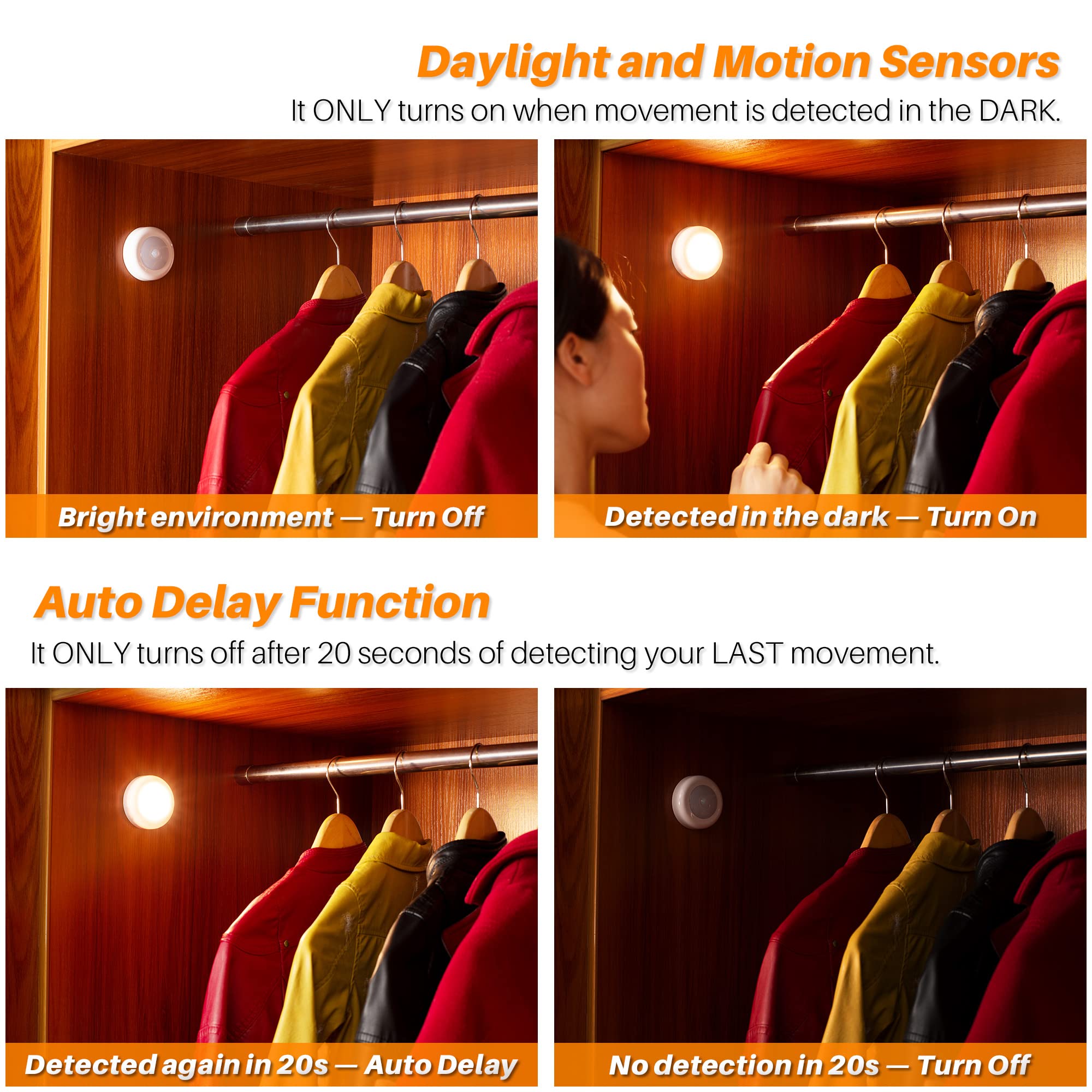 STAR-SPANGLED Motion Sensor Lights Indoor, High CRI Stick on Puck Lights Battery Operated (Warm White - 8cm, AA Battery Operated