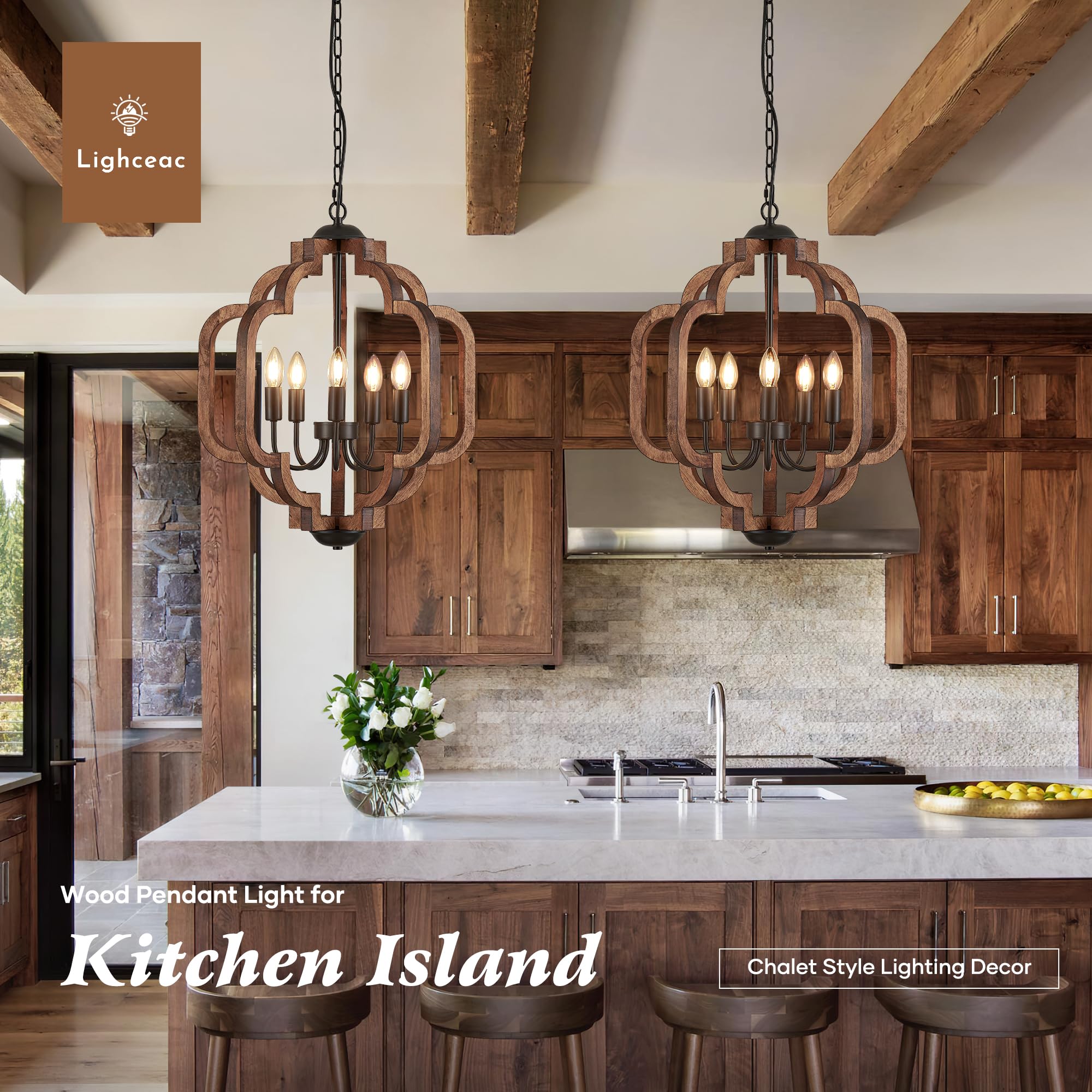 Lighceac 20.5'' Farmhouse Vintage Chandelier 5-Light For Dining Room Rustic Handmade Wood Hanging Ceiling Pendant Light Fixture