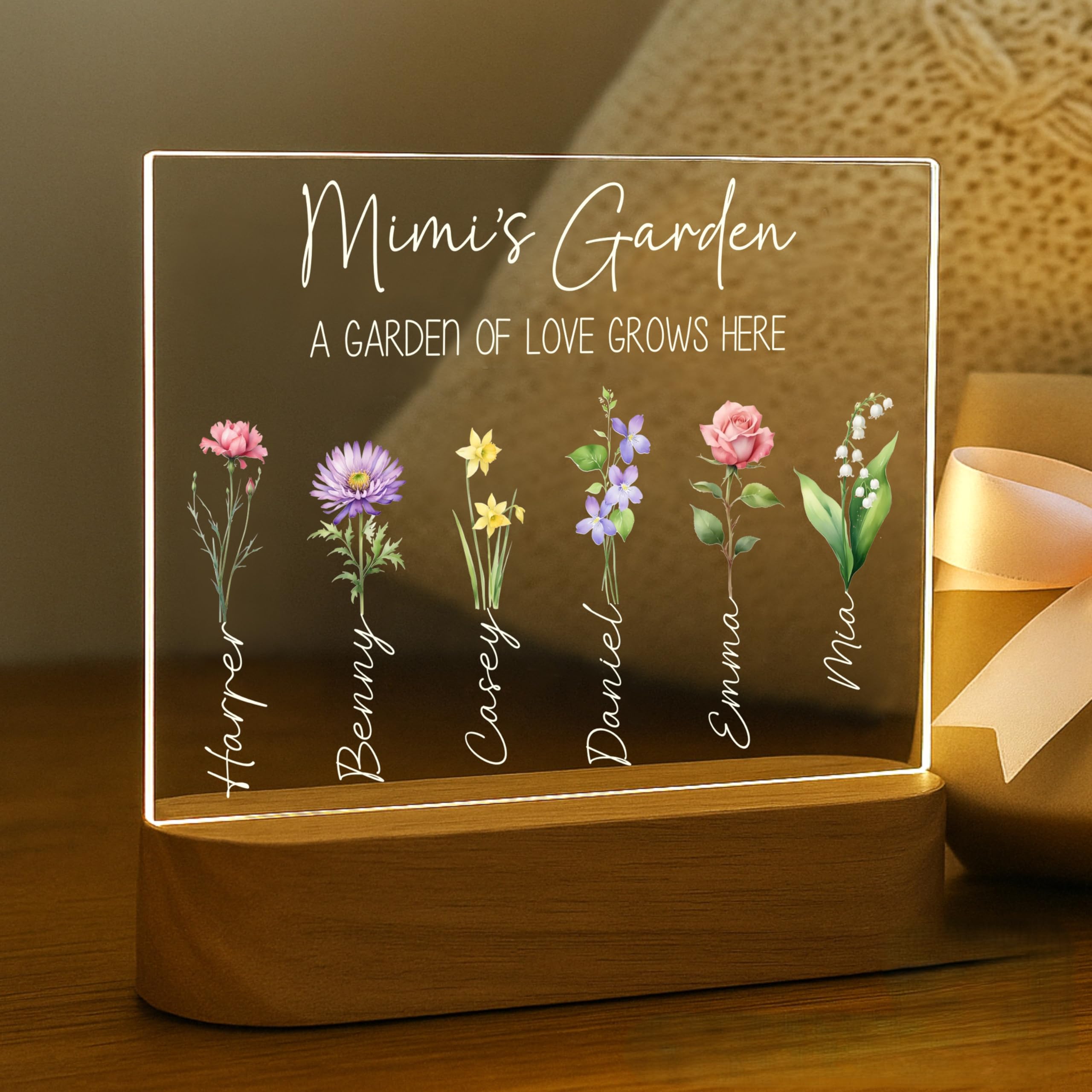 Grandmas Garden LED Night Light | Personalized Mothers Day Gifts for Mom | Customizable Lamp, Birth Month Flower Decor with 6 Na