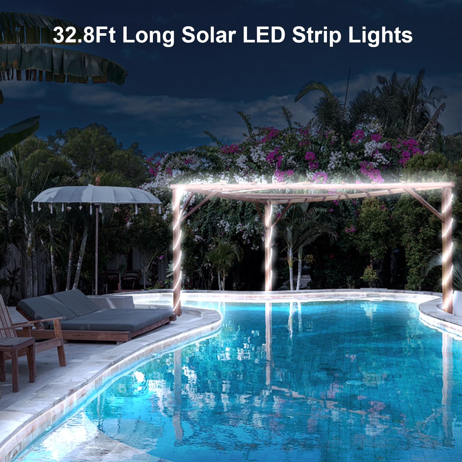 ZAIYW Solar LED Strip Lights, 32.8ft, IP68 Waterproof, Timer Remote, Cool White, Model Solar-10MStrip