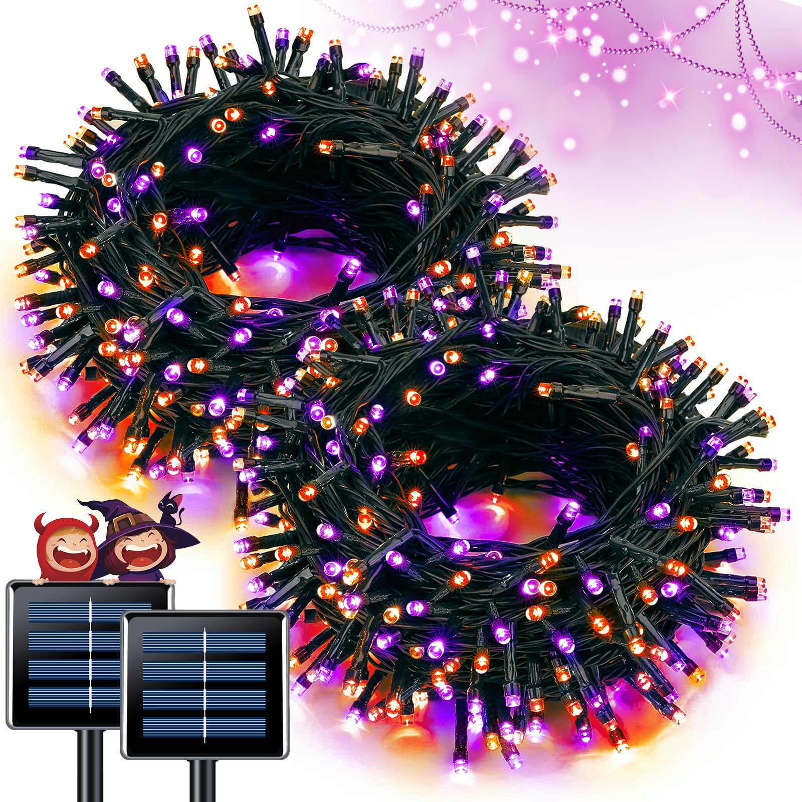 JMEXSUSS Solar Halloween Lights, 2 Pack 100 LED, Waterproof Orange & Purple, Model JM-S-100