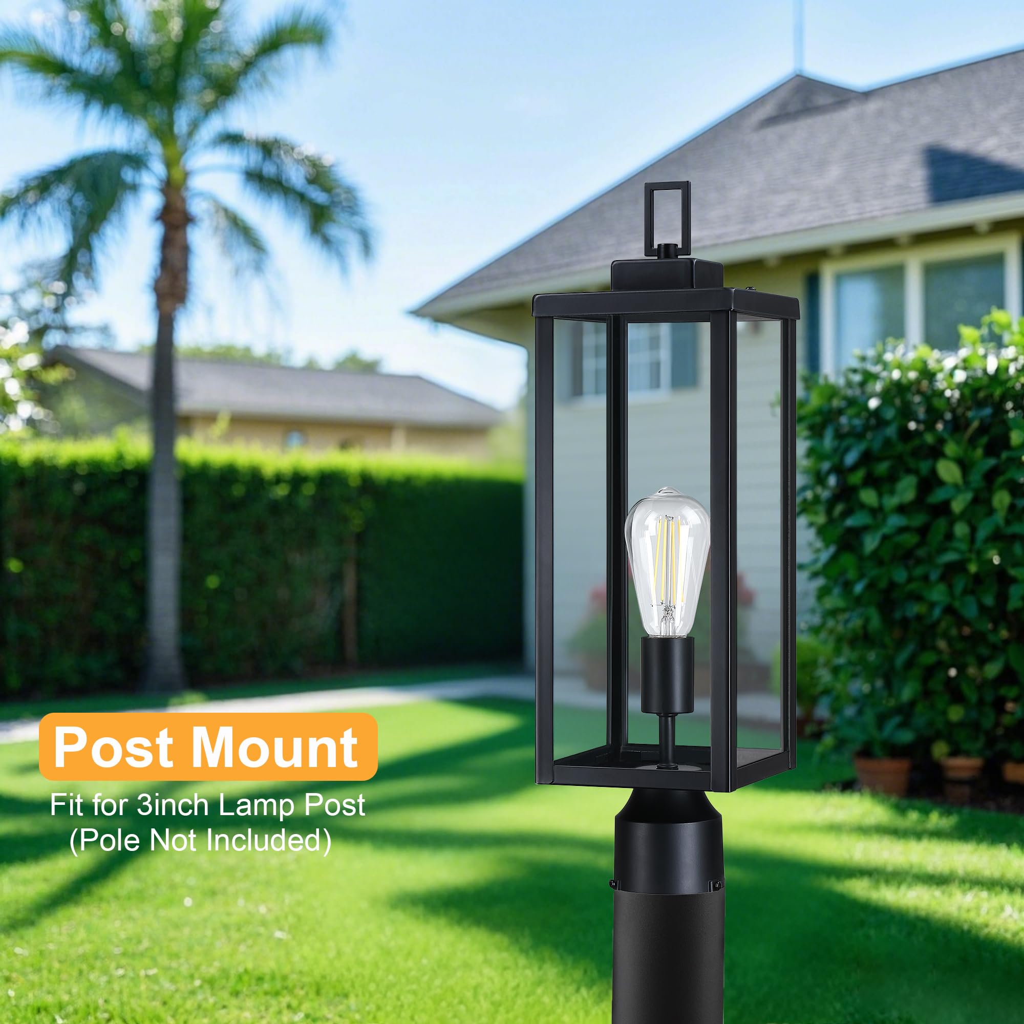 GRUENLICH Outdoor Lamp Post Light Fixture, Tempered Glass, Large 20.5 Inch, Black, Model GR-PL003-BK-1PK