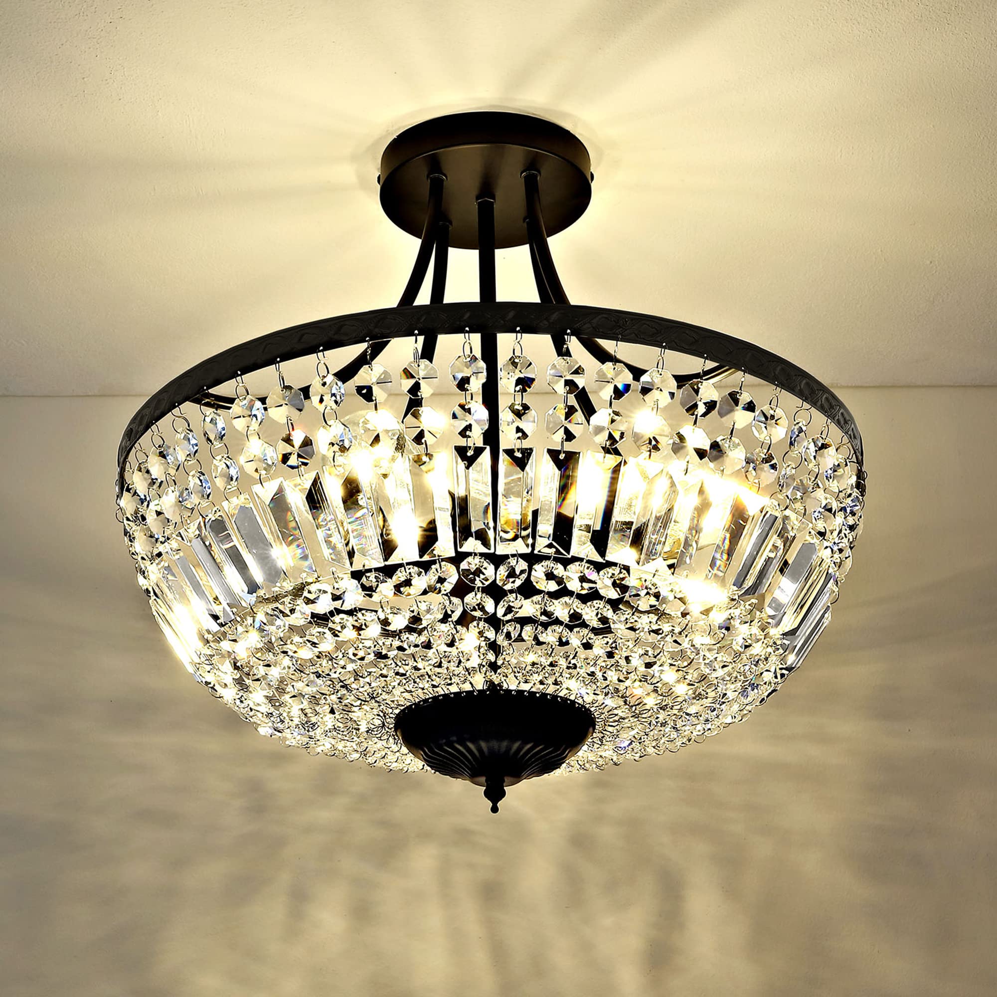 Wingbo 19.5 Inch Crystal Ceiling Light Fixture, 5-Light Raindrop Semi Flush Mount Chandelier, Modern Round Close To Ceiling Hang