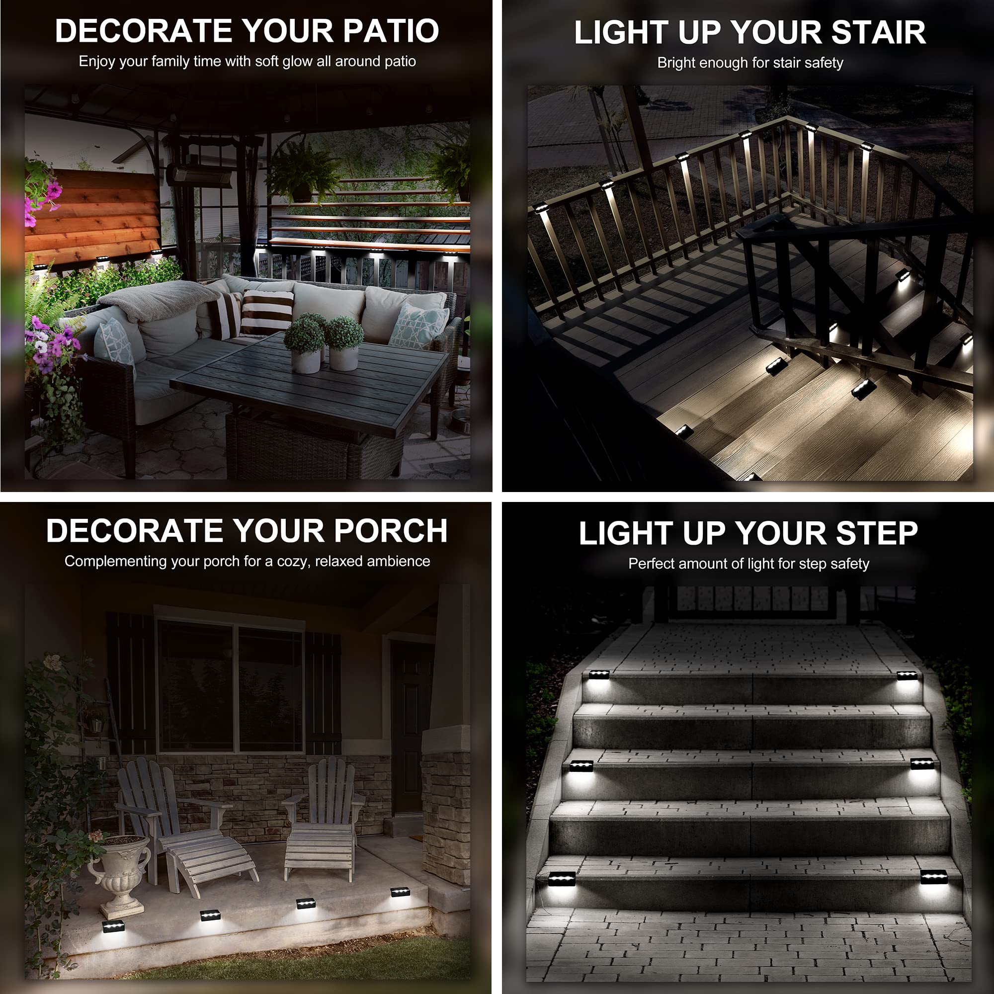 SOLPEX Solar Fence Lights, 6 LEDs Waterproof, 4 Pack, Cold White, Black, Model 8532, for Deck, Stair, Garden, Patio, Pool Decor