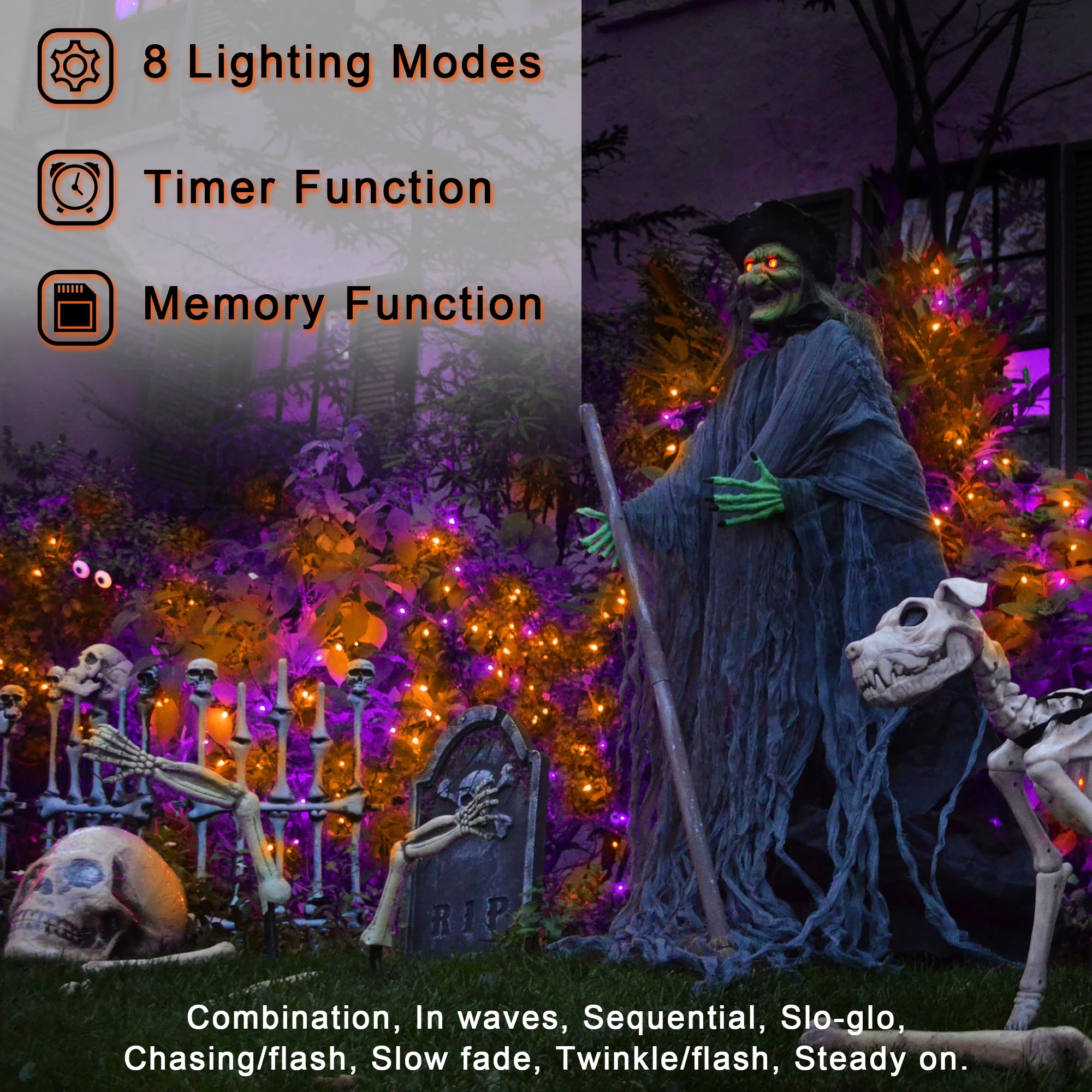 300 Led Halloween Lights Indoor Outdoor, 100Ft Purple & Orange String Lights With 8 Lighting Modes & Timer, Halloween Decorations For Patio Yard Fence Deck Room Balcony Garden Halloween Party