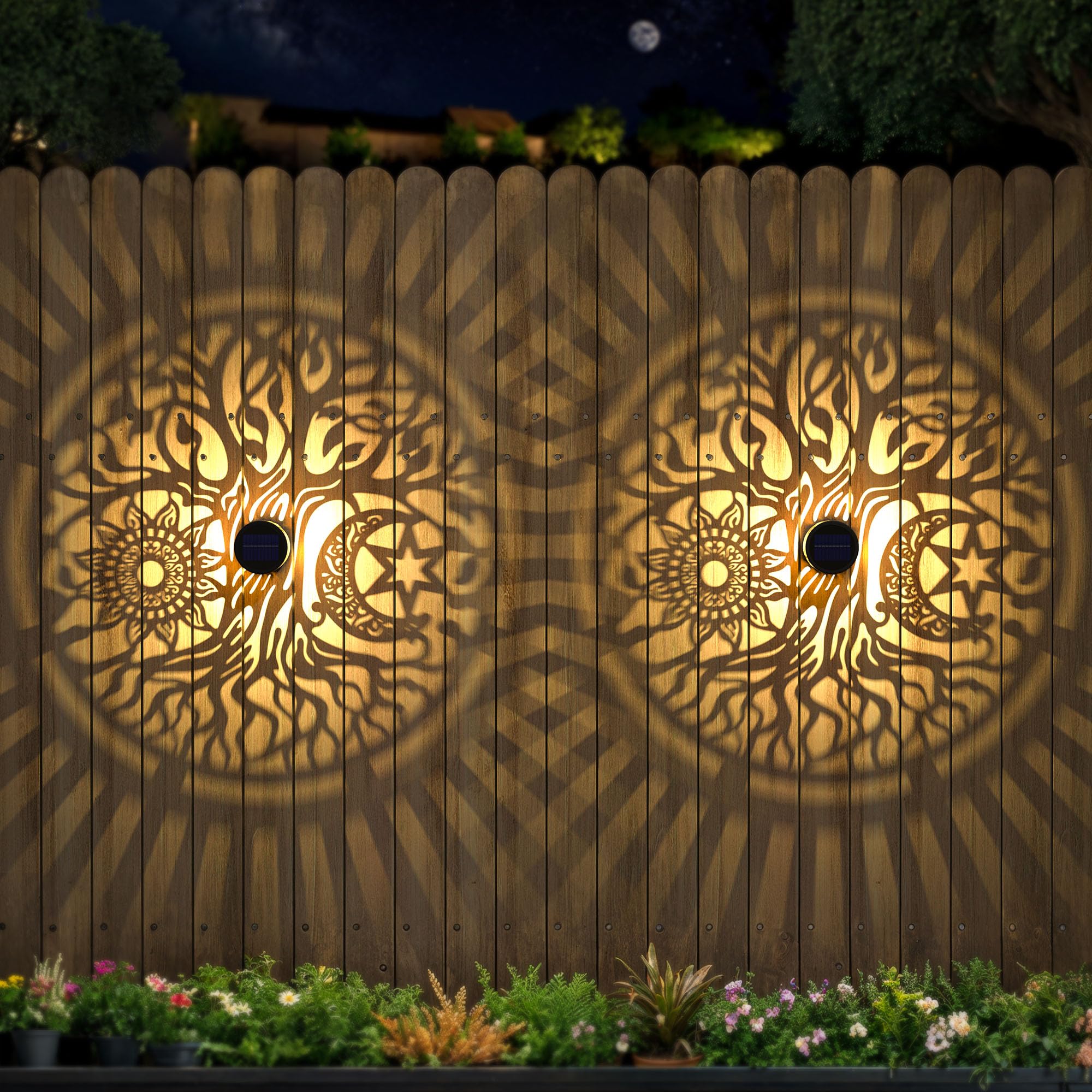 gardencave Solar Fence Lights - 4 Pack, Tree Theme, Waterproof, Outdoor Wall Deck Step Lights, Model Fence1