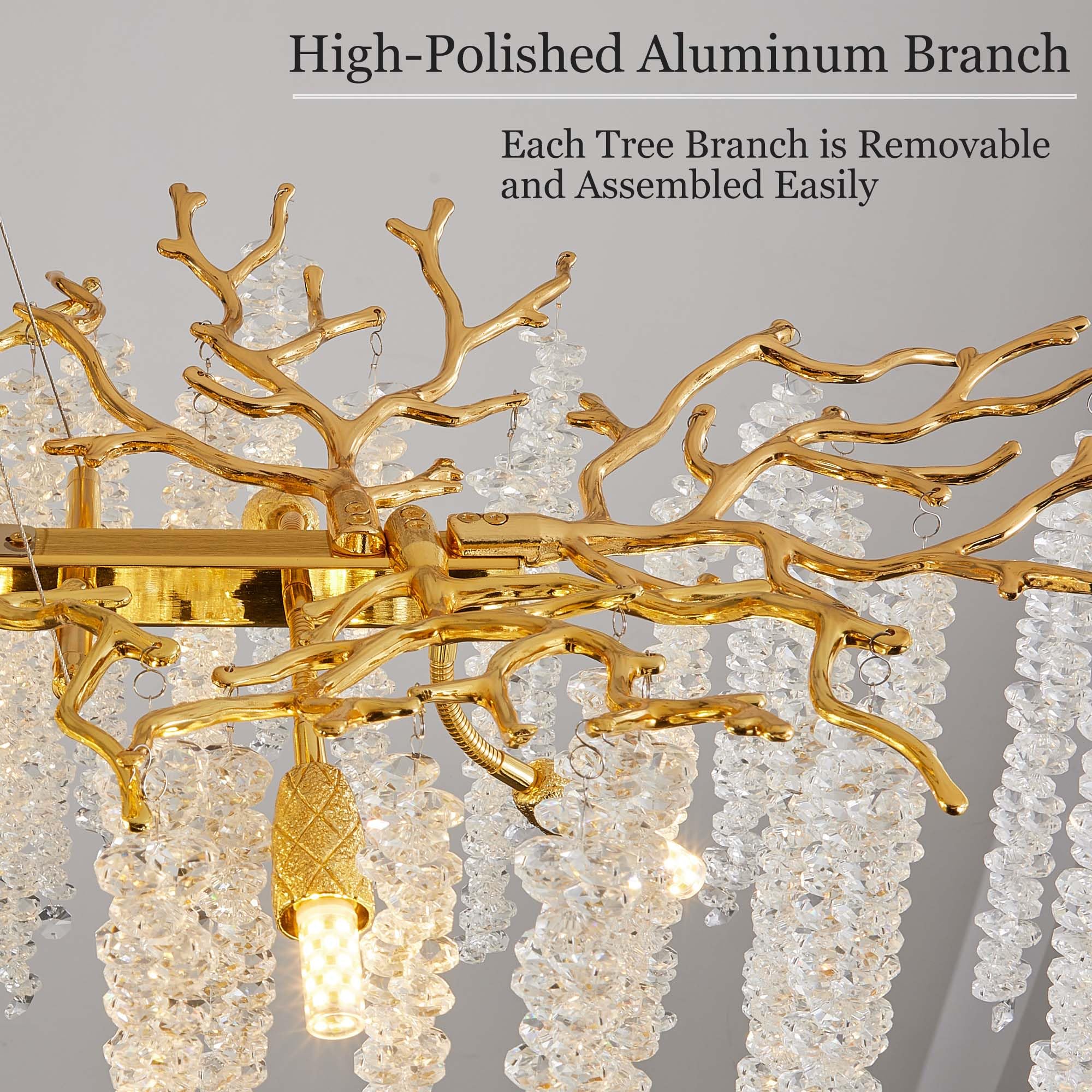 Upfelw Modern Crystal Tree Branch Chandelier, Gold 14-Light Art Deco Lighting Fixture, 47.3'' for Dining Room, Kitchen Island, Model UBC-G120-0428