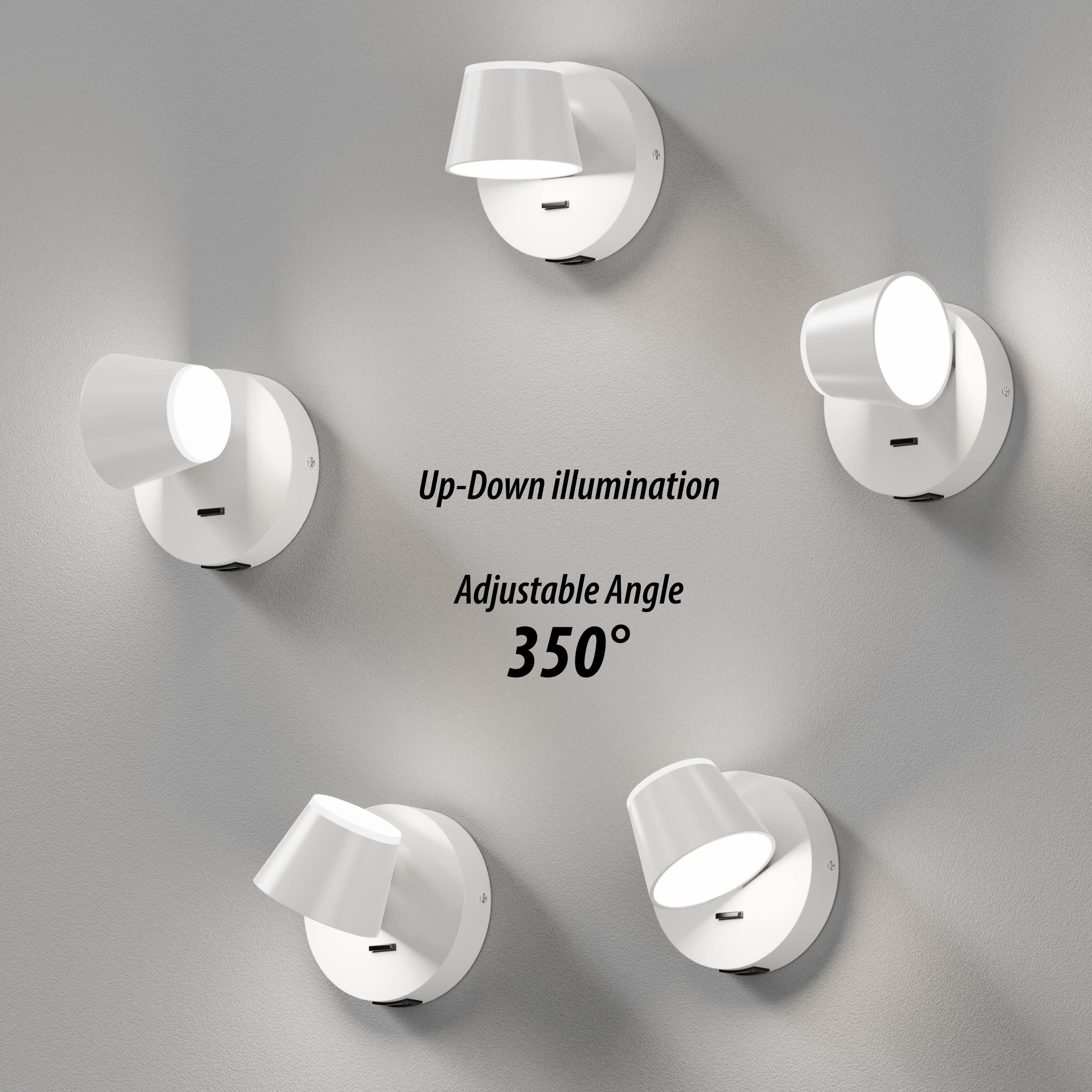 Ursola Wall Light Set Of Two, Led Wall Sconce With On/Off Switch Usb Charging Port 110 Volt Hardwired Wall Lamp 350 Rotatable Up Down Sconces Wall Lighting (White)