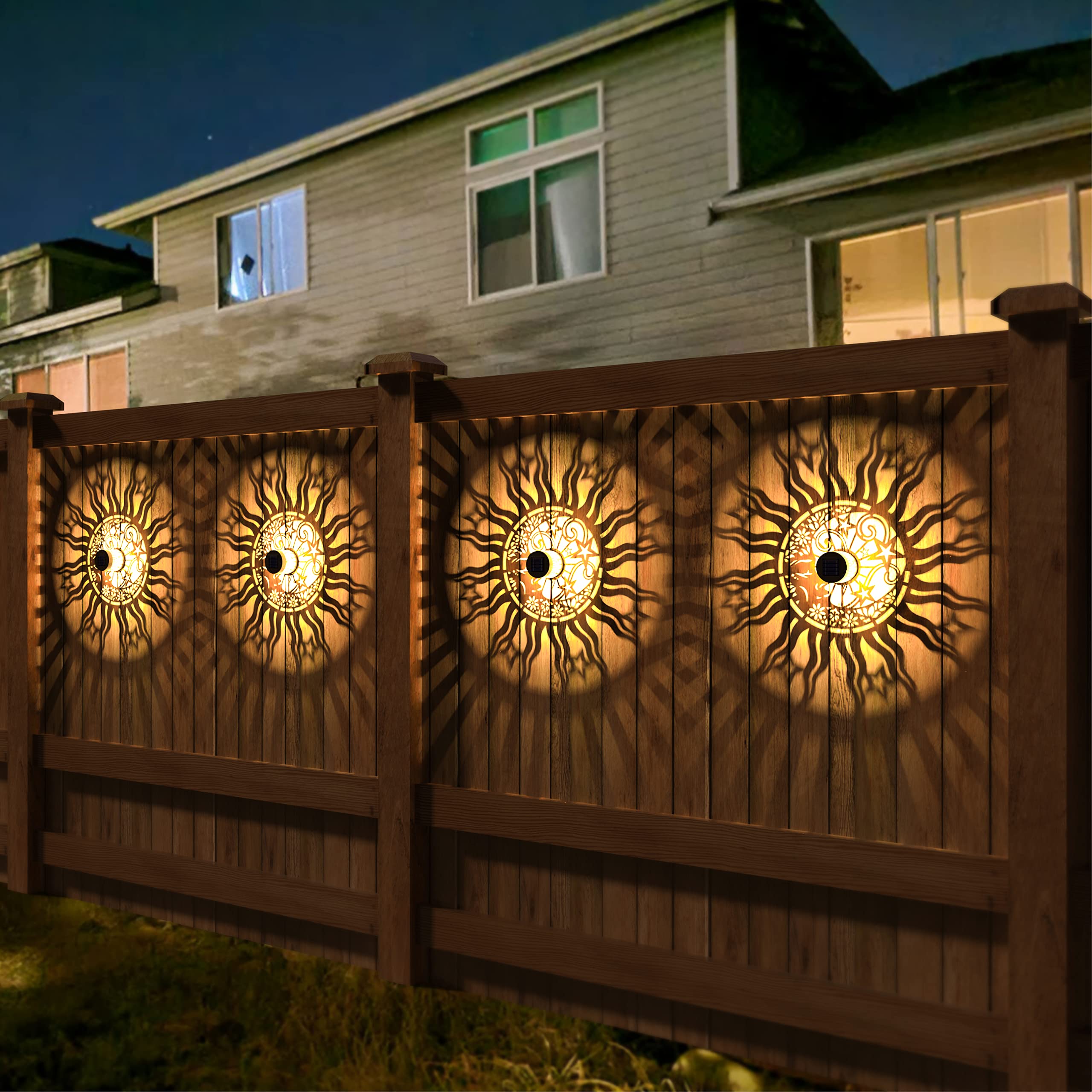 gardencave Solar Fence Lights - Metal, Waterproof, Sun Moon Theme - 4 Pack - Face