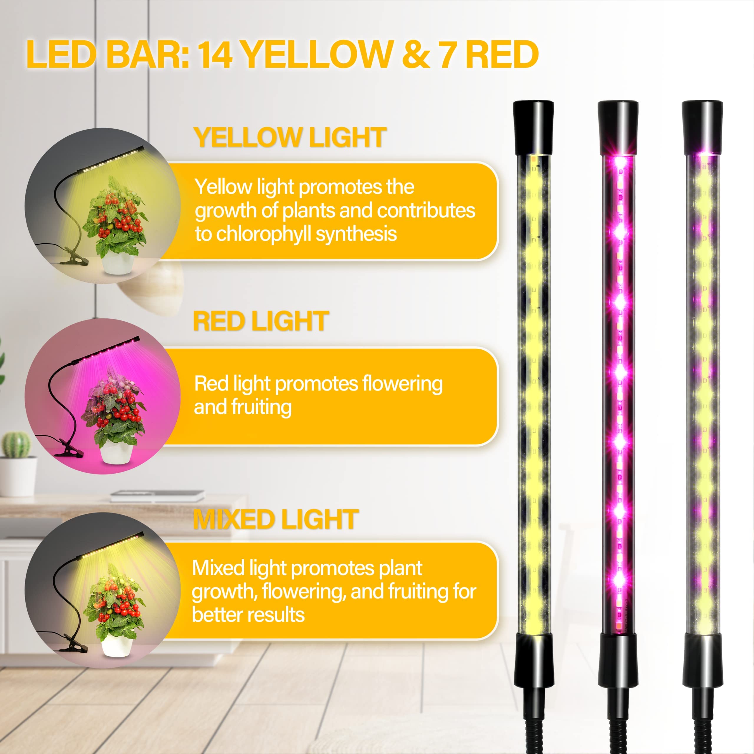 iPower 21 LED Grow Light - Full Spectrum, Adjustable Gooseneck, 2 Pack, Yellow, 10 Dimmable Levels, Auto Timer