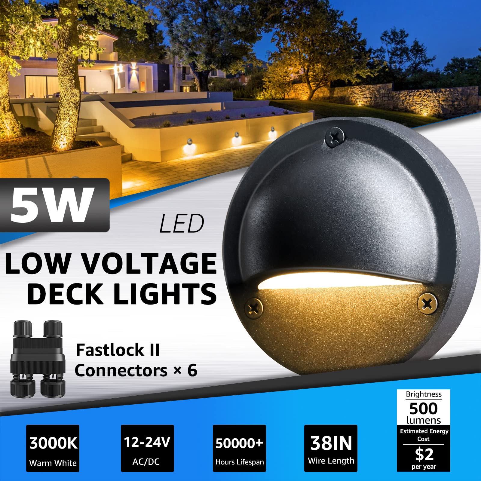 Sunvie 5W Led Low Voltage Deck Lights, 12-24V Ac/Dc Outdoor Deck Lights With Fastlock2 Wire Connectors, 3000K Low Voltage Landsc