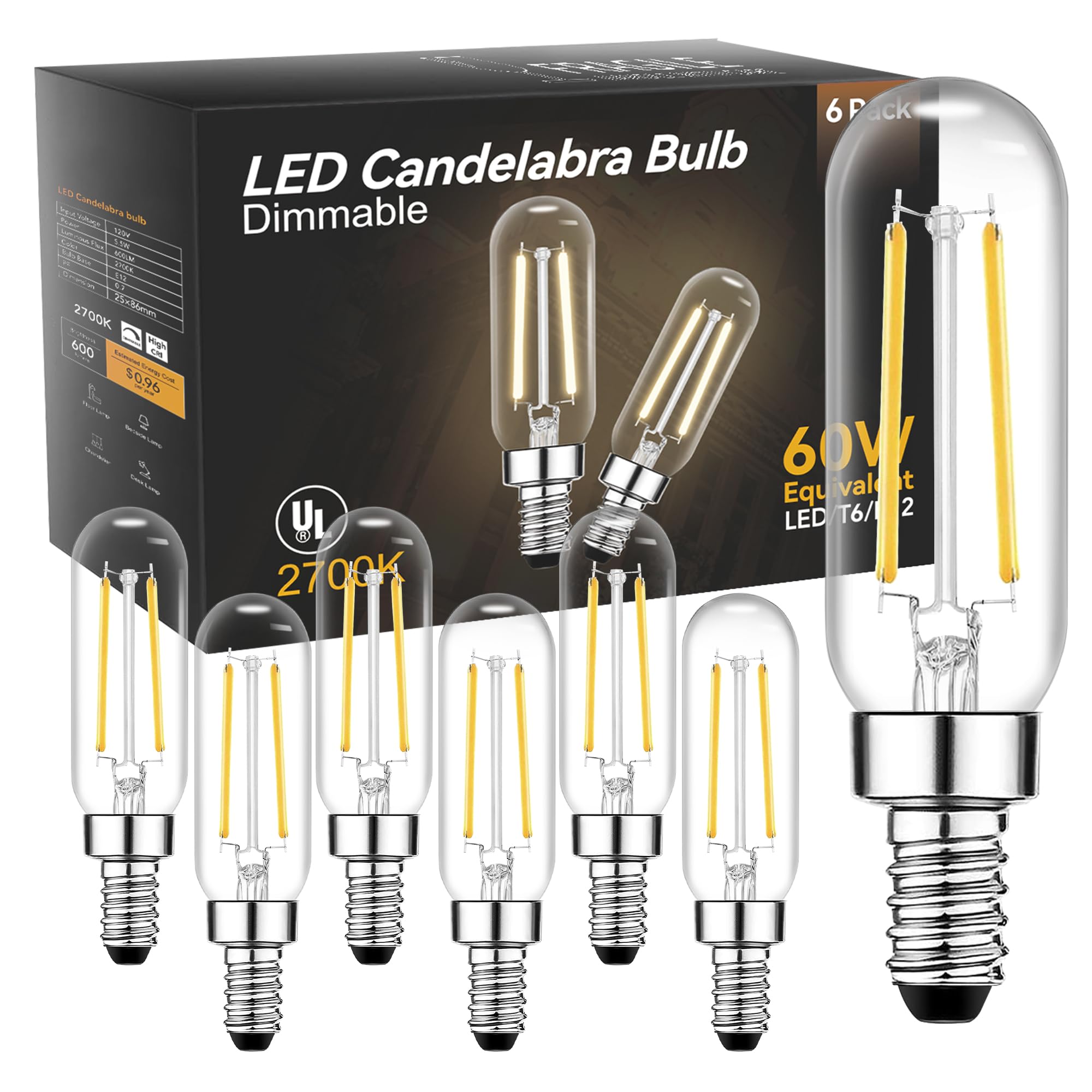 TJOY E12 T6 Candelabra LED Bulbs 5.5W Equivalent 2700K Soft White Glass 6 Pack