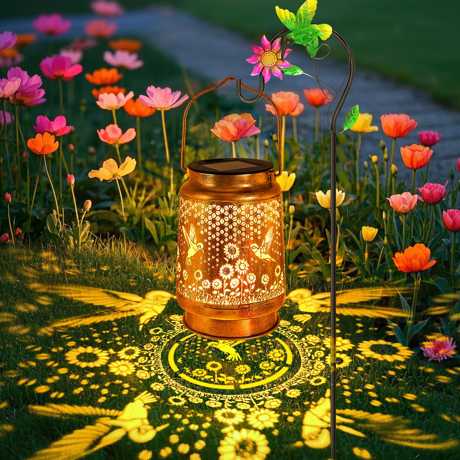 Solar Lanterns Outdoor with Shepherd Hook Waterproof Hummingbird Sunflower Garden Decor, LED Hanging Lights Metal Decor for Yard