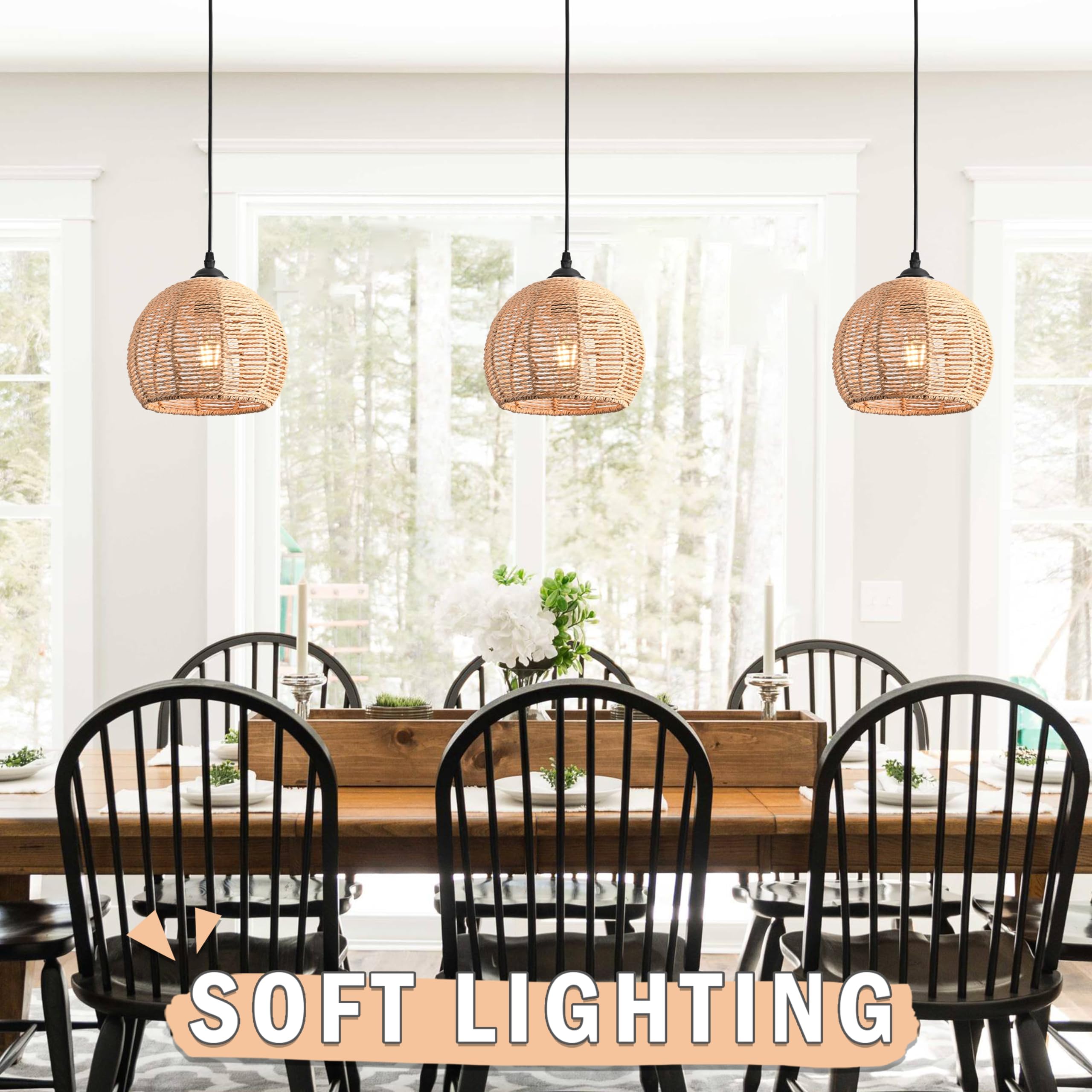 Ayshwilldec 3-Pack Natural Woven Wicker Pendant Lights, Boho Chandelier For Dining Room & Kitchen