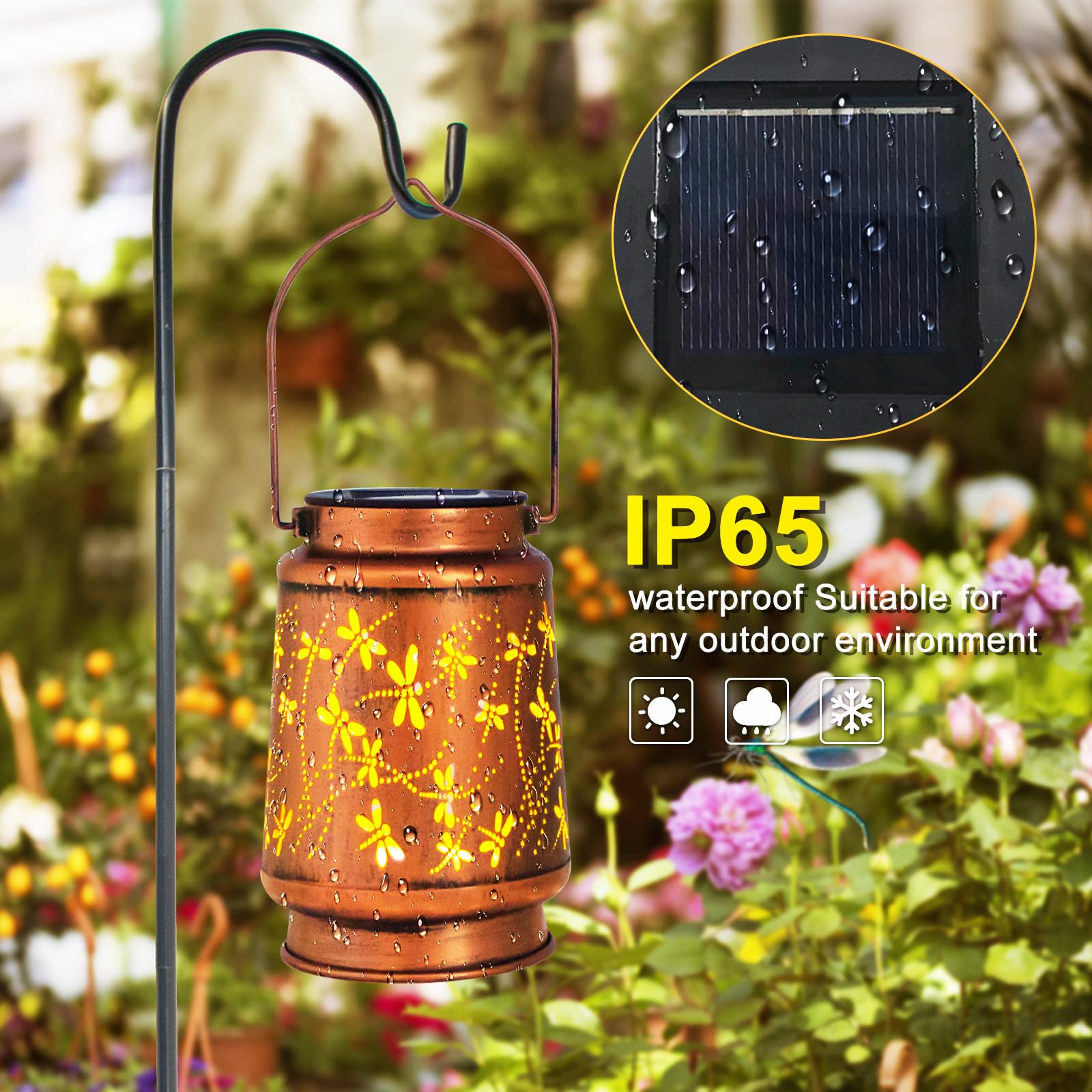 4 Packs Solar Lanterns Outdoor Hanging Lantern Lights, 4 Dragonfly Hollowed-Out Metal Decor Lantern, Waterproof Led Decorative G