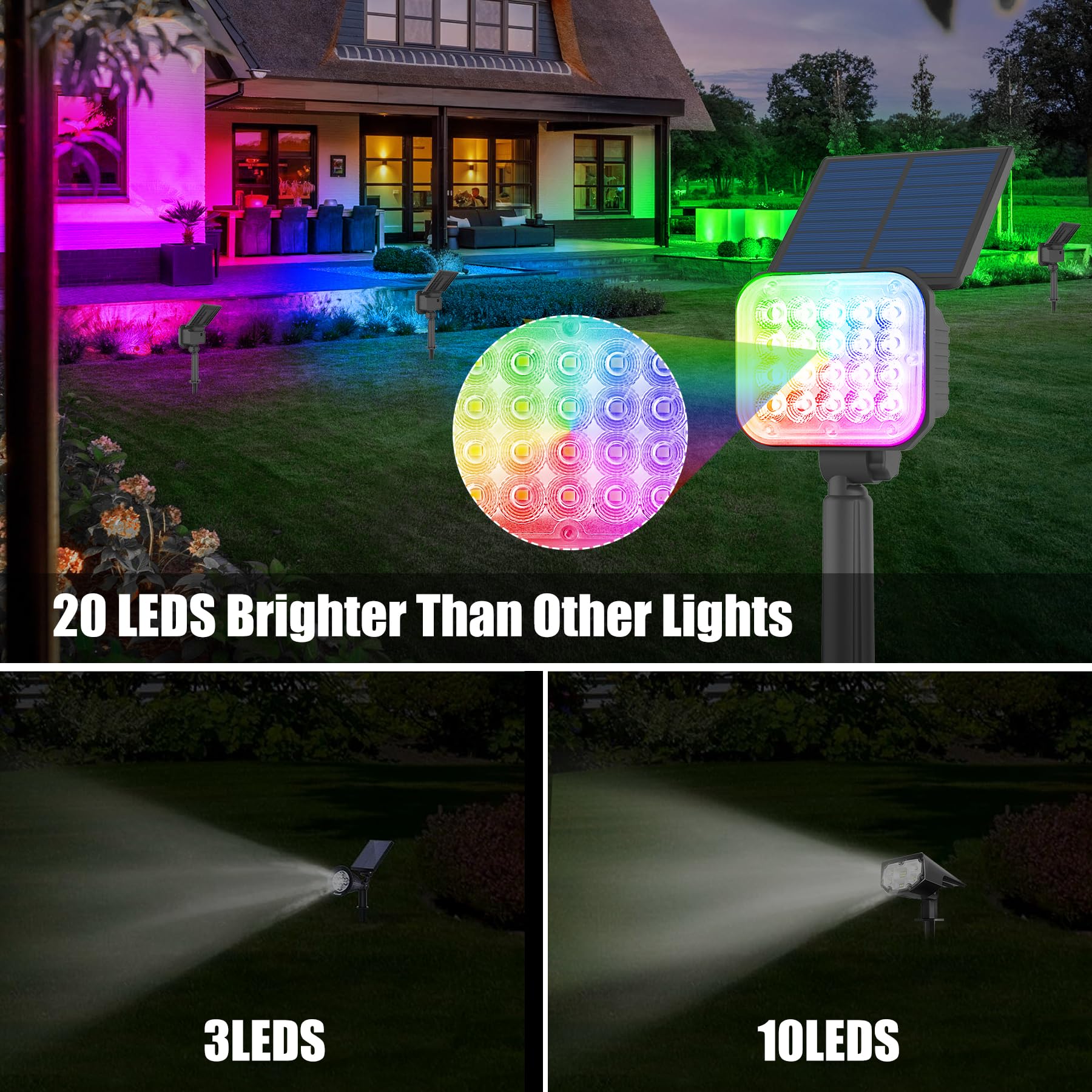 Crepow Solar Spot Lights, Rgb Color Changing, Waterproof Ip65, Adjustable - 6 Pack Multicolor