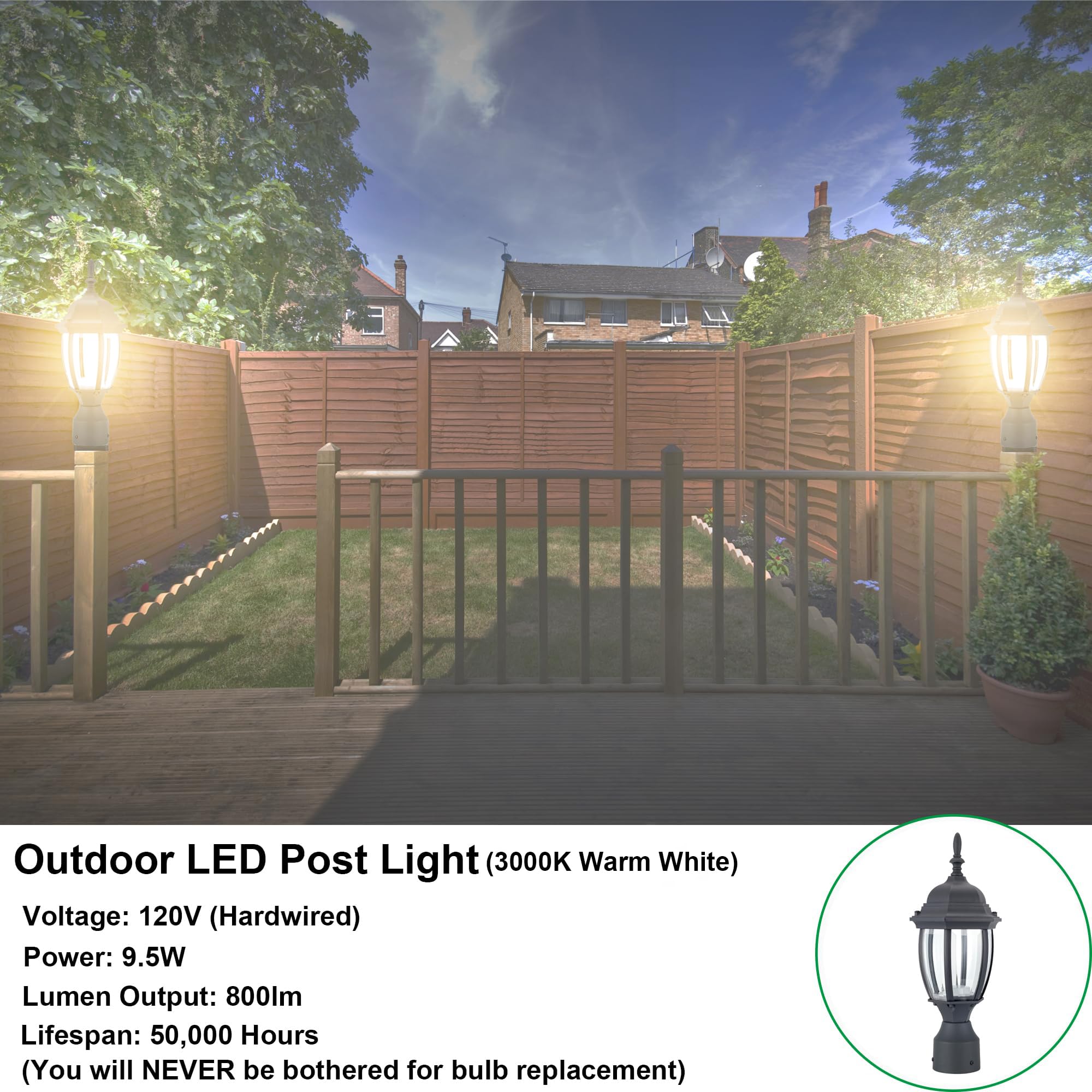 LIT-PaTH LED Outdoor Post Light Fixture, 9.5W 800 Lumens, 3000K Warm White, Aluminum, Matte Black, 2-Pack
