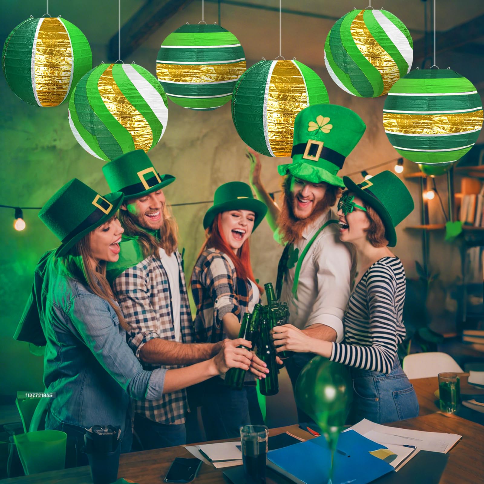 KAXIXI Green Gold Paper Lanterns - 6pcs Hanging Decorations for St. Patrick's Day, Engagement, Birthday, Indoor/Outdoor Party Supplies