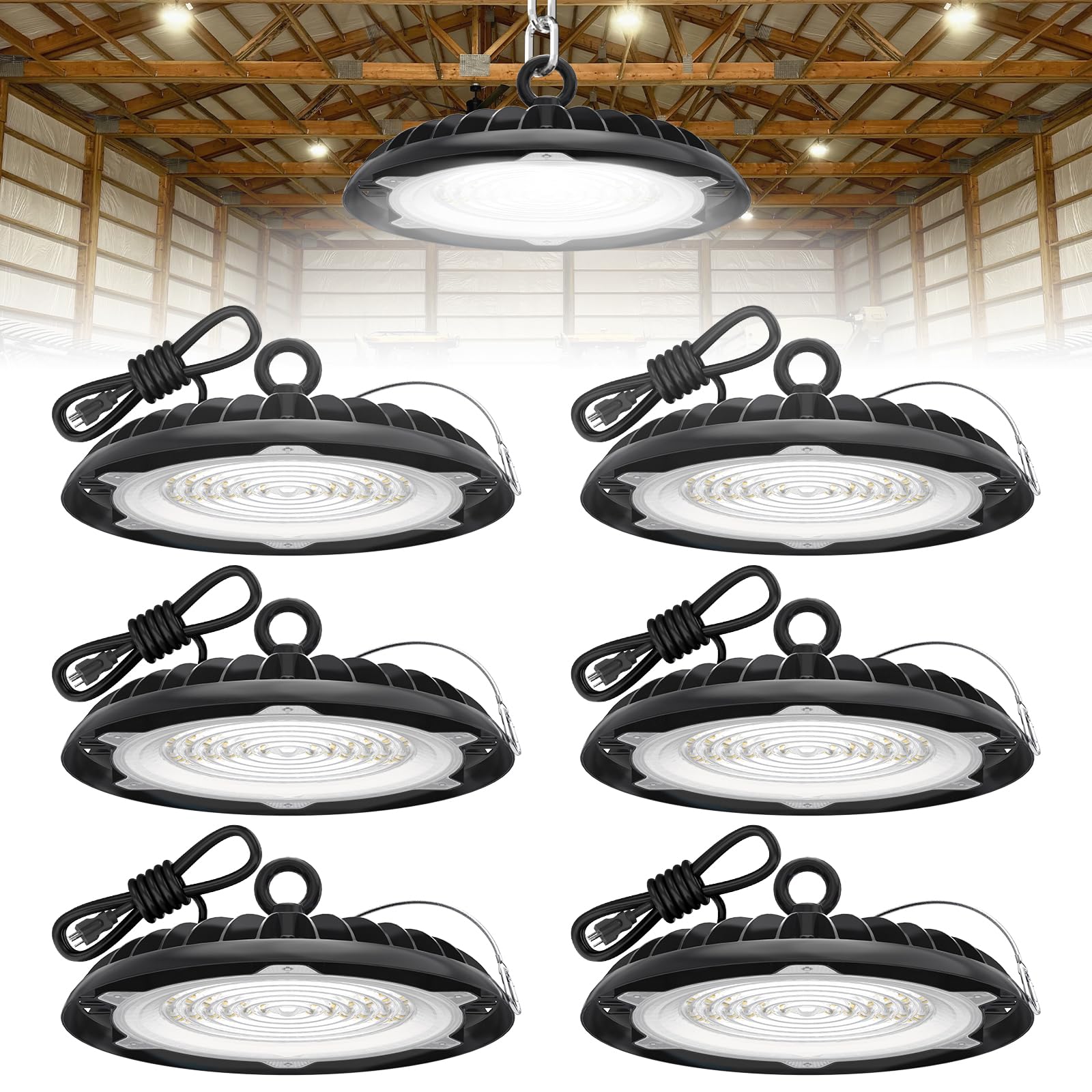 HYPERLITE LED High Bay Lights: 6-Pack 250W UFO Light for Damp Locations - UL-Listed LED Shop Lights for Warehouse Industry Light