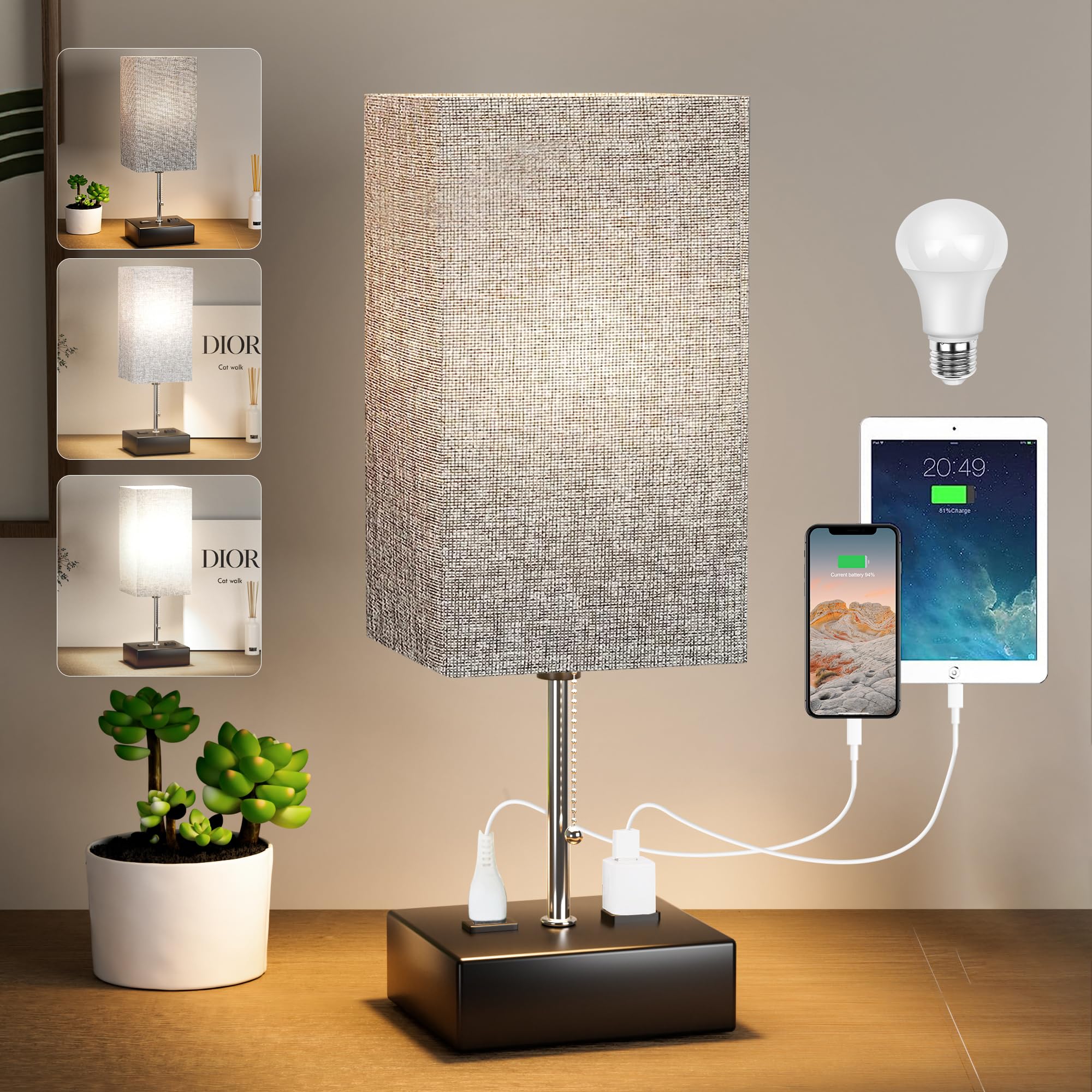 Wihtu 3 Color Temperature Bedside Lamp With Usb C And Usb A Ports Grey Table Lamps For Bedroom Nightstand Small Lamps Bed Lamp D