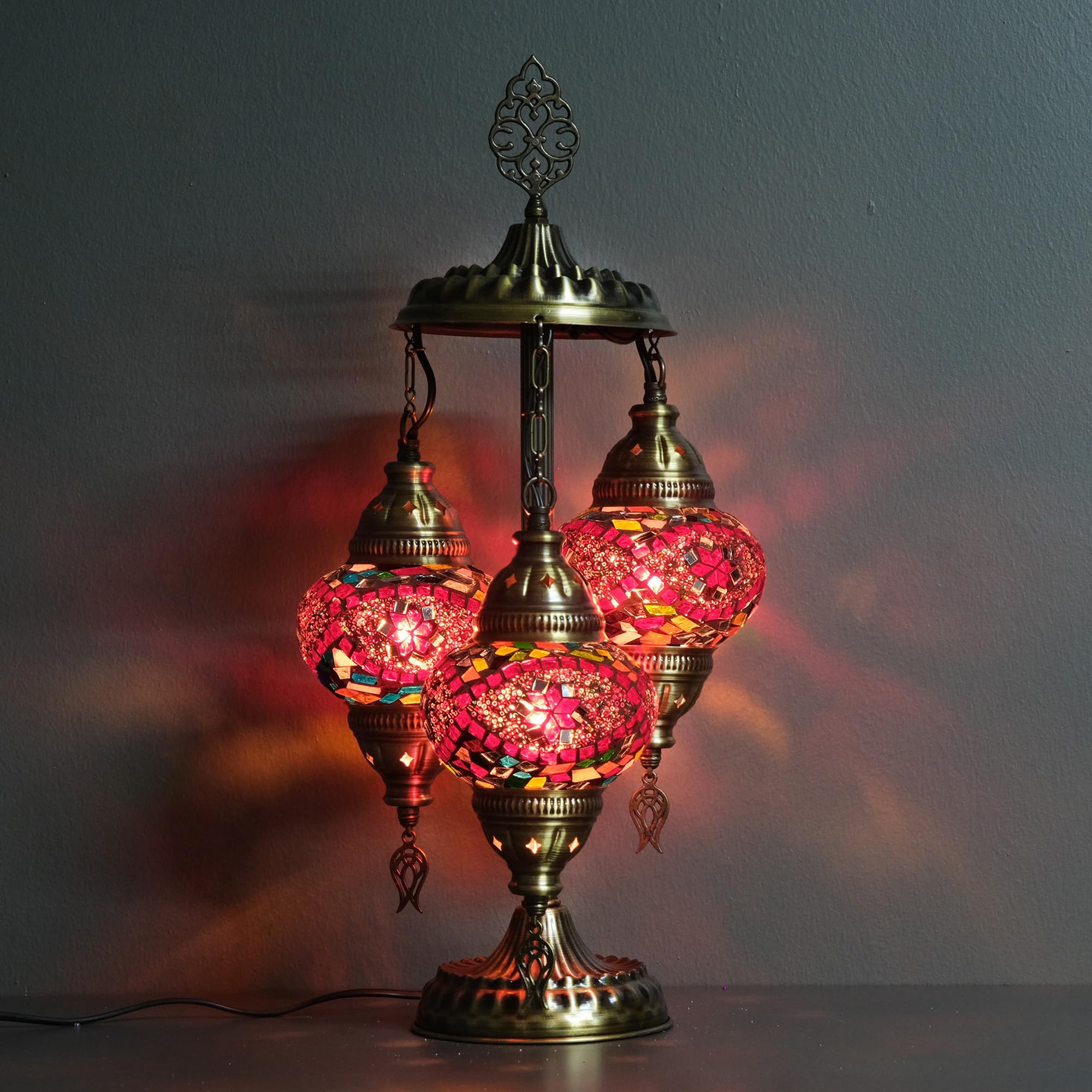 Asylove Turkish Lamp, 3 Globe Mosaic Table Lamp, 12x12x24 inch, Glass, Redmix, Model 3GlobeAPNo2