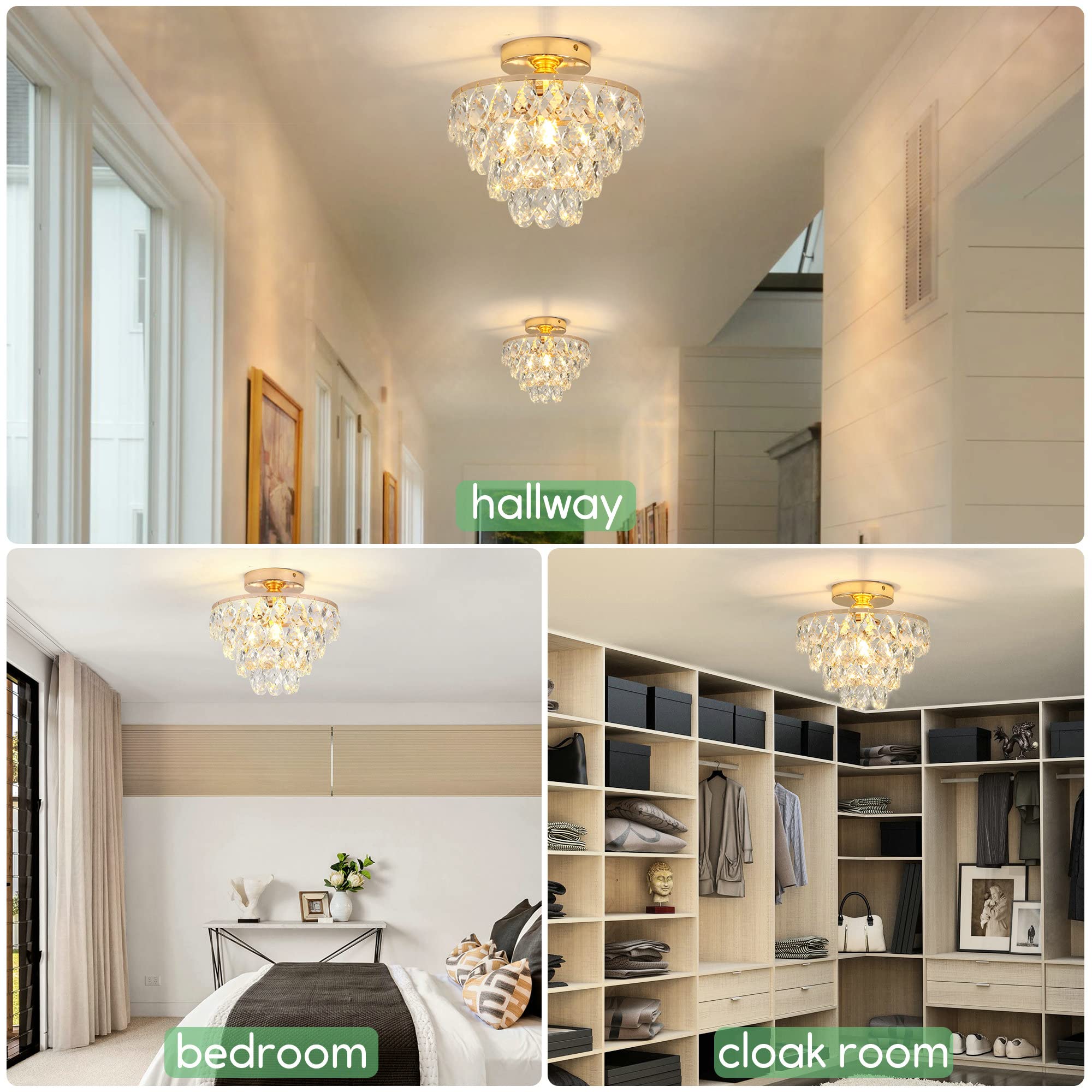Luupyia Gold Crystal Mini Chandelier - Modern Flush Mount Ceiling Light For Hallway & Bedroom