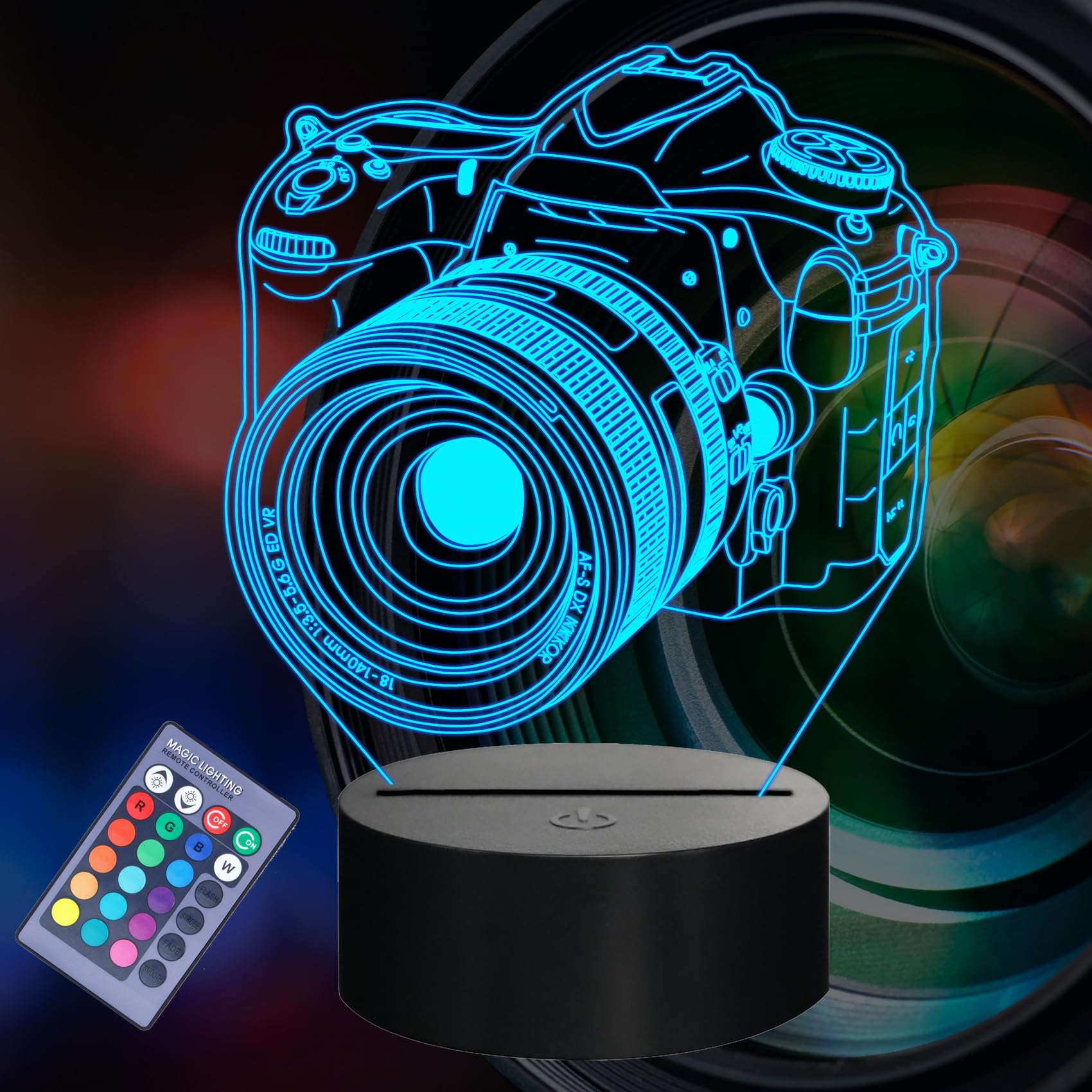 POSSHE Photographer Gifts for Men, Camera 3D Night Light with Remote Control, 16 Colors Changing, RGB Flashing Mode, Dimmable, P