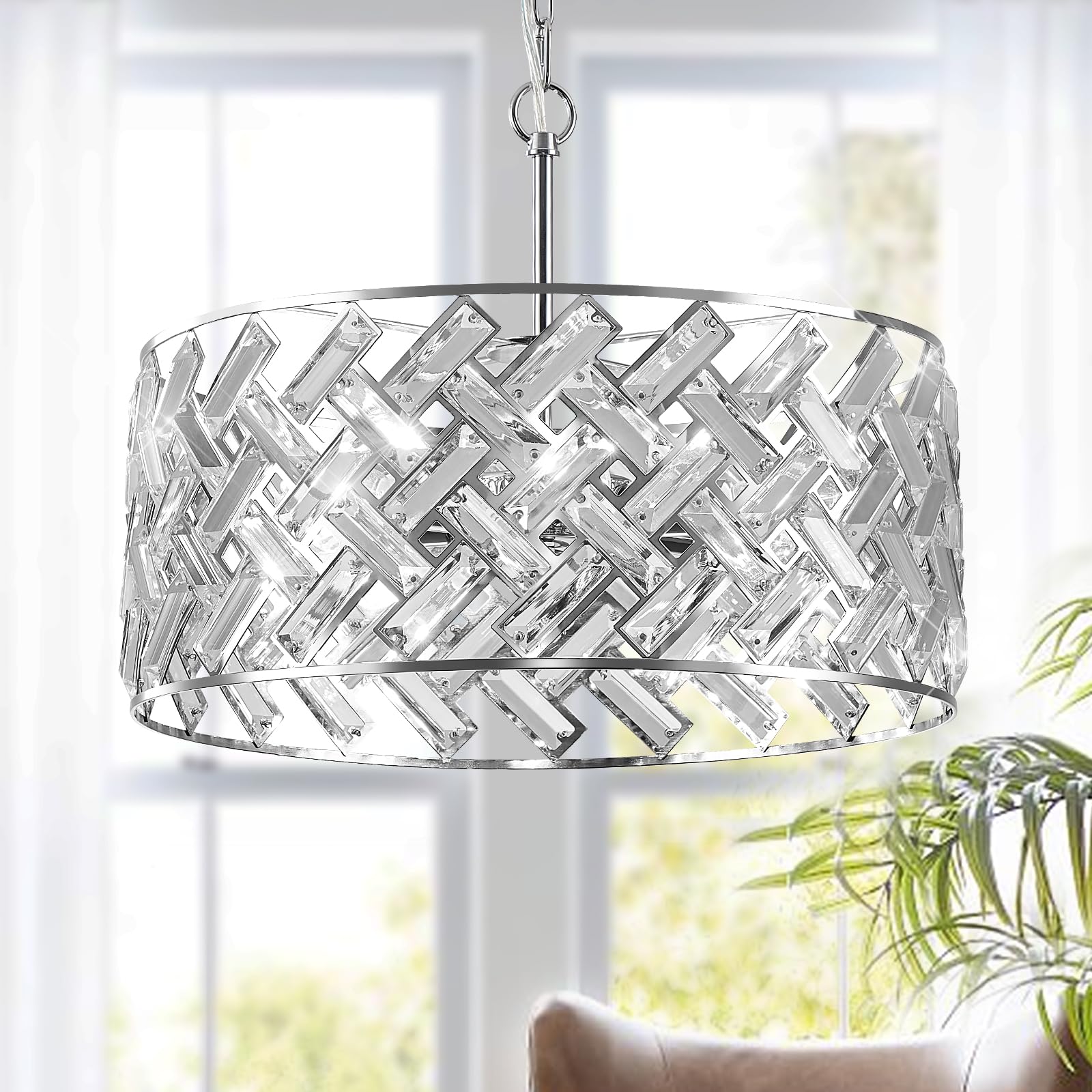 Catiner Chrome Crystal Chandeliers, Modern Semi Flush Mount Ceiling Light, 6-Light Round Crystal Hanging Pendant Light Fixtures, D18” For Dining Room Entryway Kitchen Hallway K9 Crystal