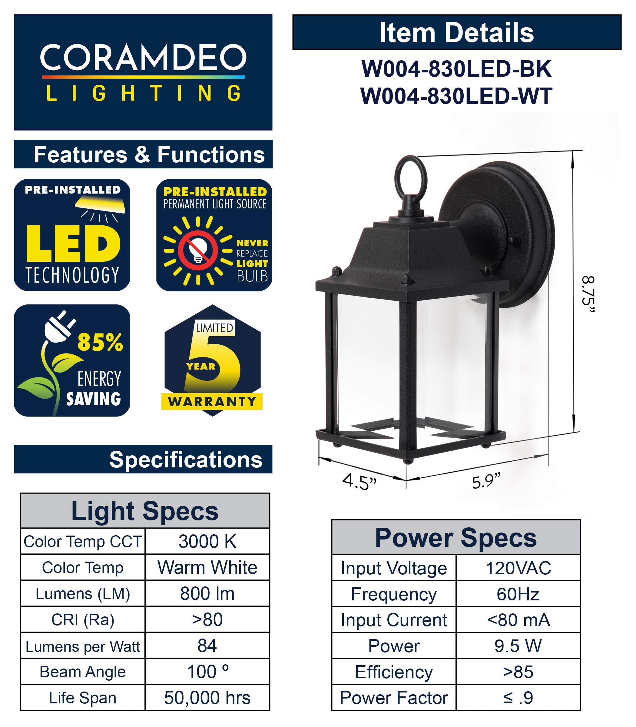 Coramdeo Outdoor Porch Light, Matte White Aluminum Sconce, 800 Lumens, 9.5W Led, Wet Location, 5-Year Warranty