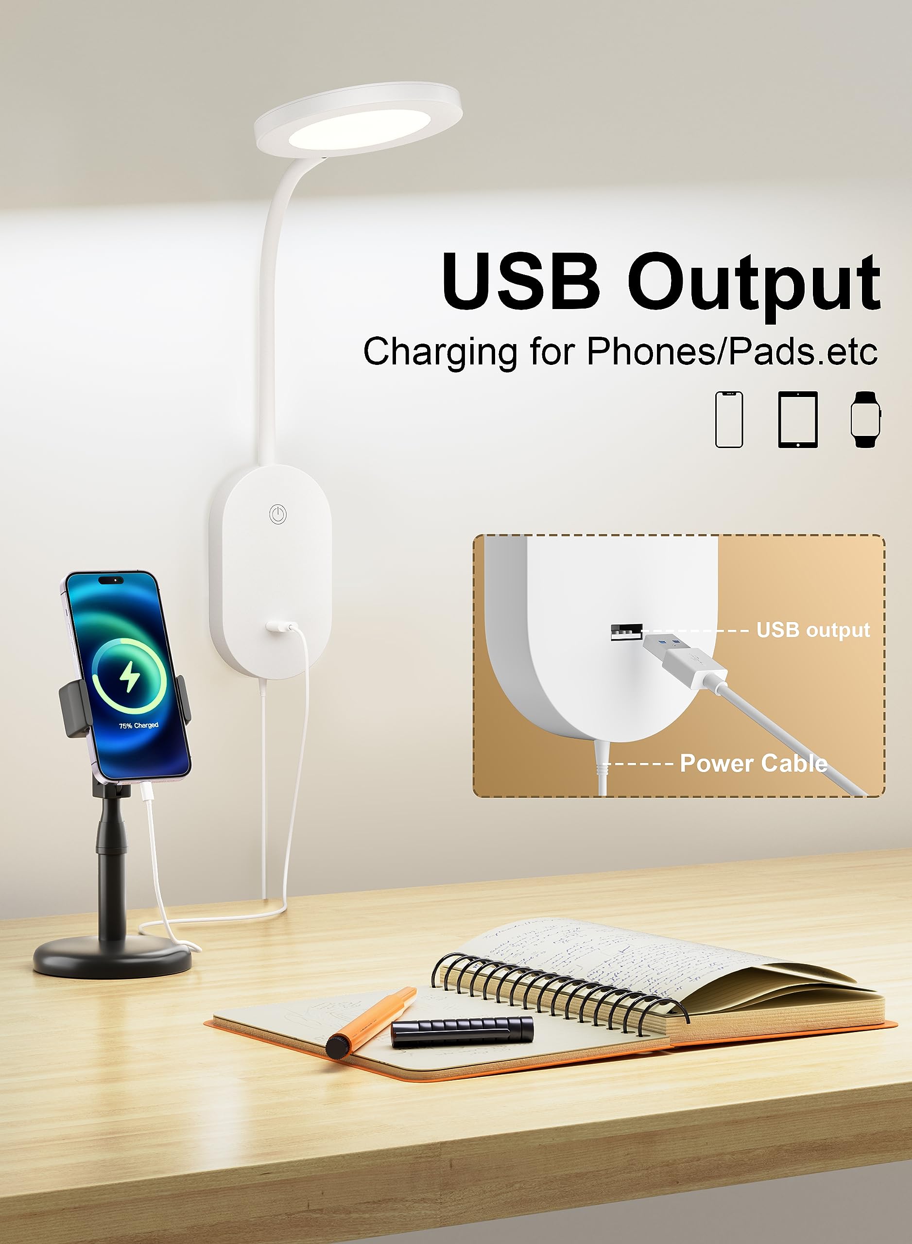 Deeloop Wall Mounted Reading Light,Book Lights With Usb Output, Reading Lamps For Bed Headboard In 4 Hours Auto-Off, Touch Contr