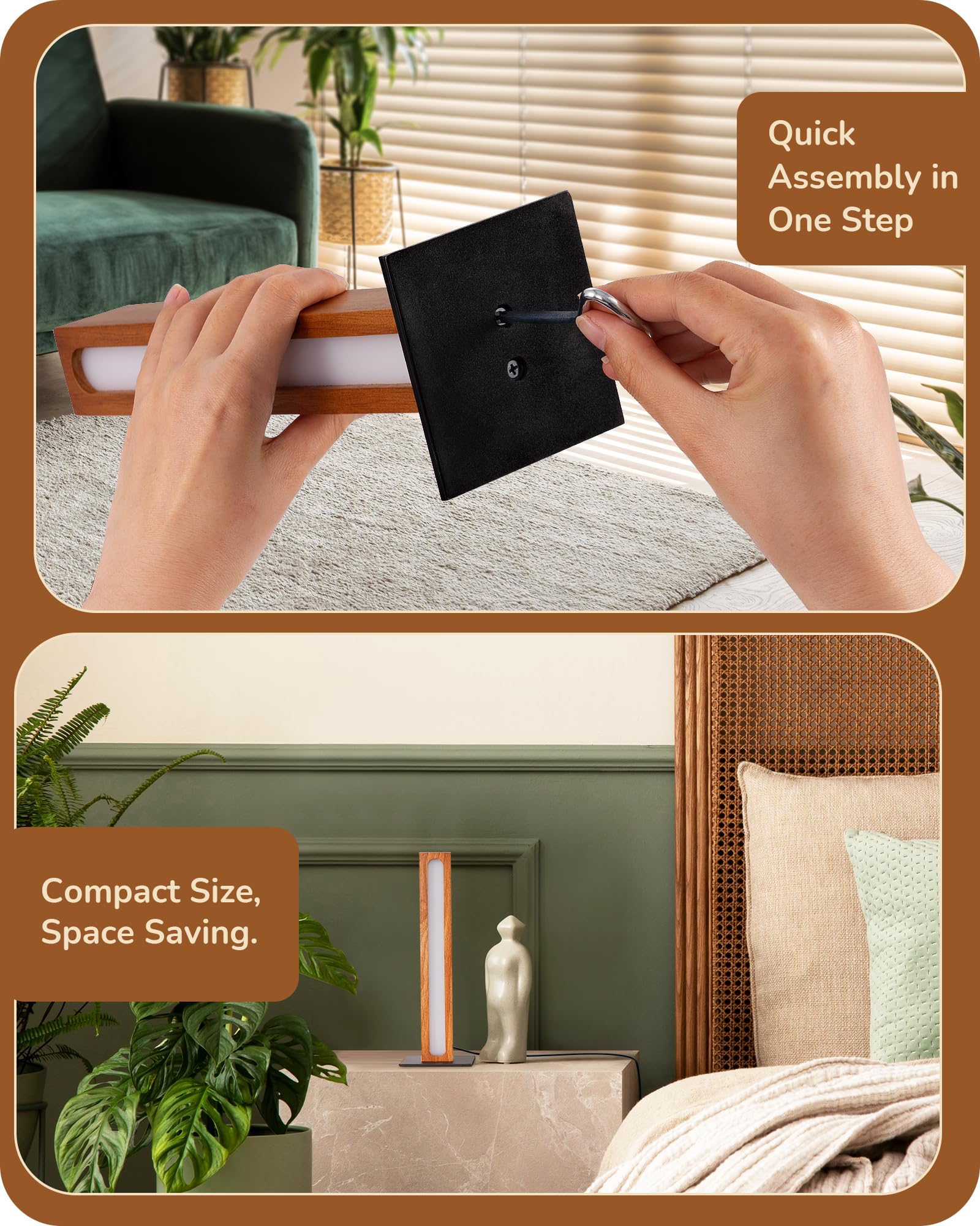 EDISHINE LED Table Lamp - Small Square Nightstand Lamp with 3 Color Temperatures, Stepless Dimming, Touch Control - Dark Wood Finish