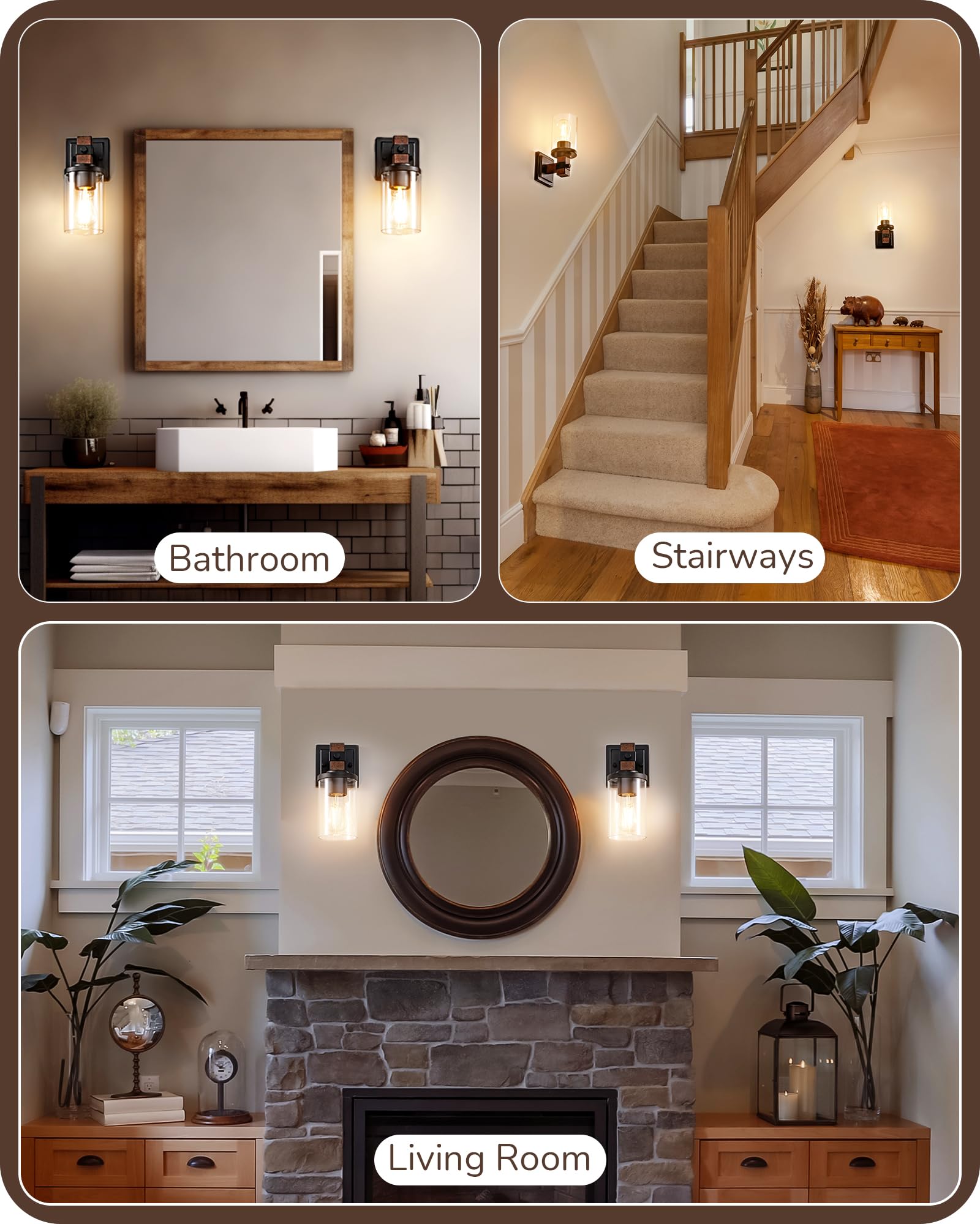 EDISHINE Wall Sconces Set of 2, Rustic Dark Wood 1-Light Bath Light Fixtures with Clear Glass Shade, Model HHVL02E
